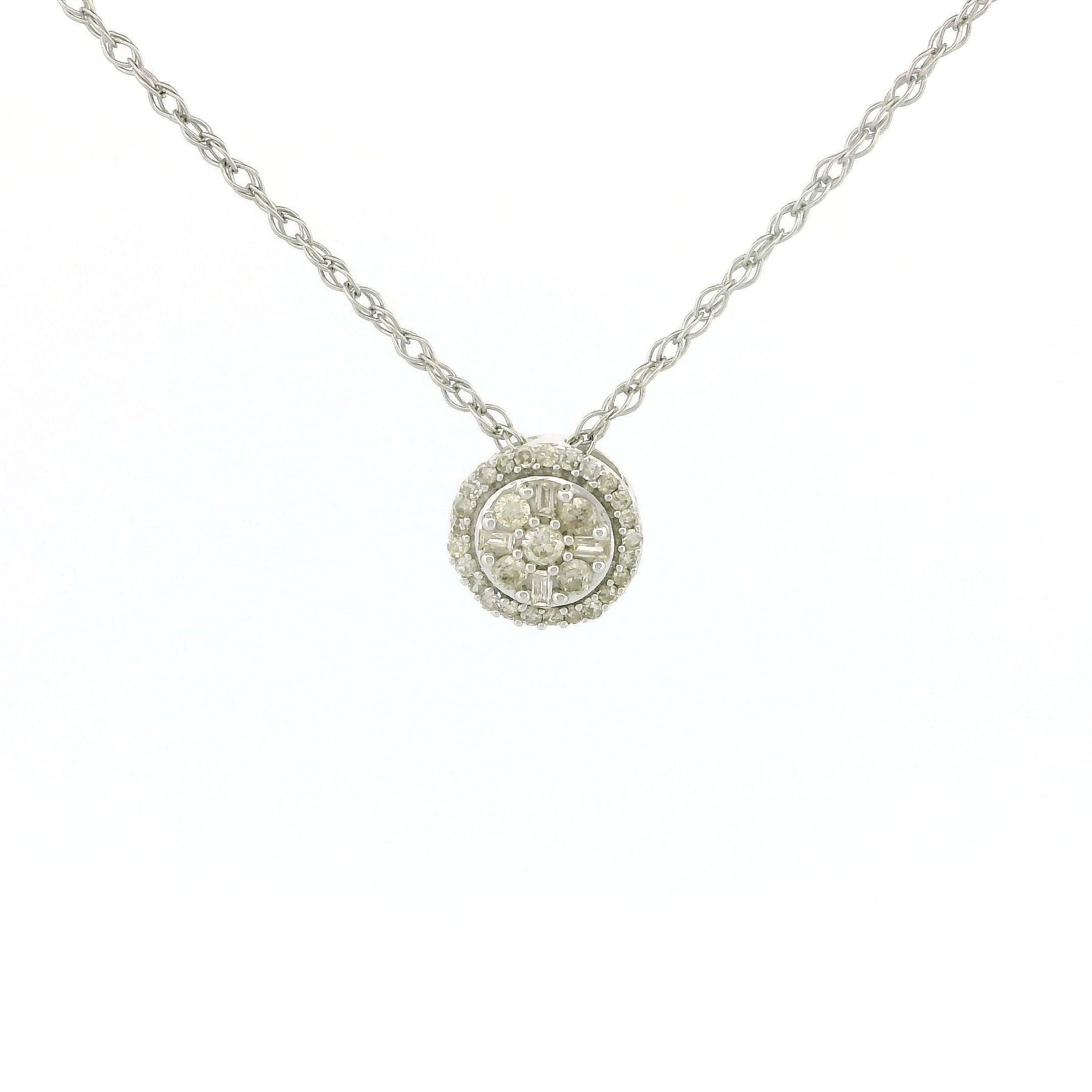 10k White Gold Halo Cluster Diamond Necklace, 0.17ct Natural Diamond Charm, Dainty Rope Chain, Tiny Round and Tapered Diamonds, Elegant Gift