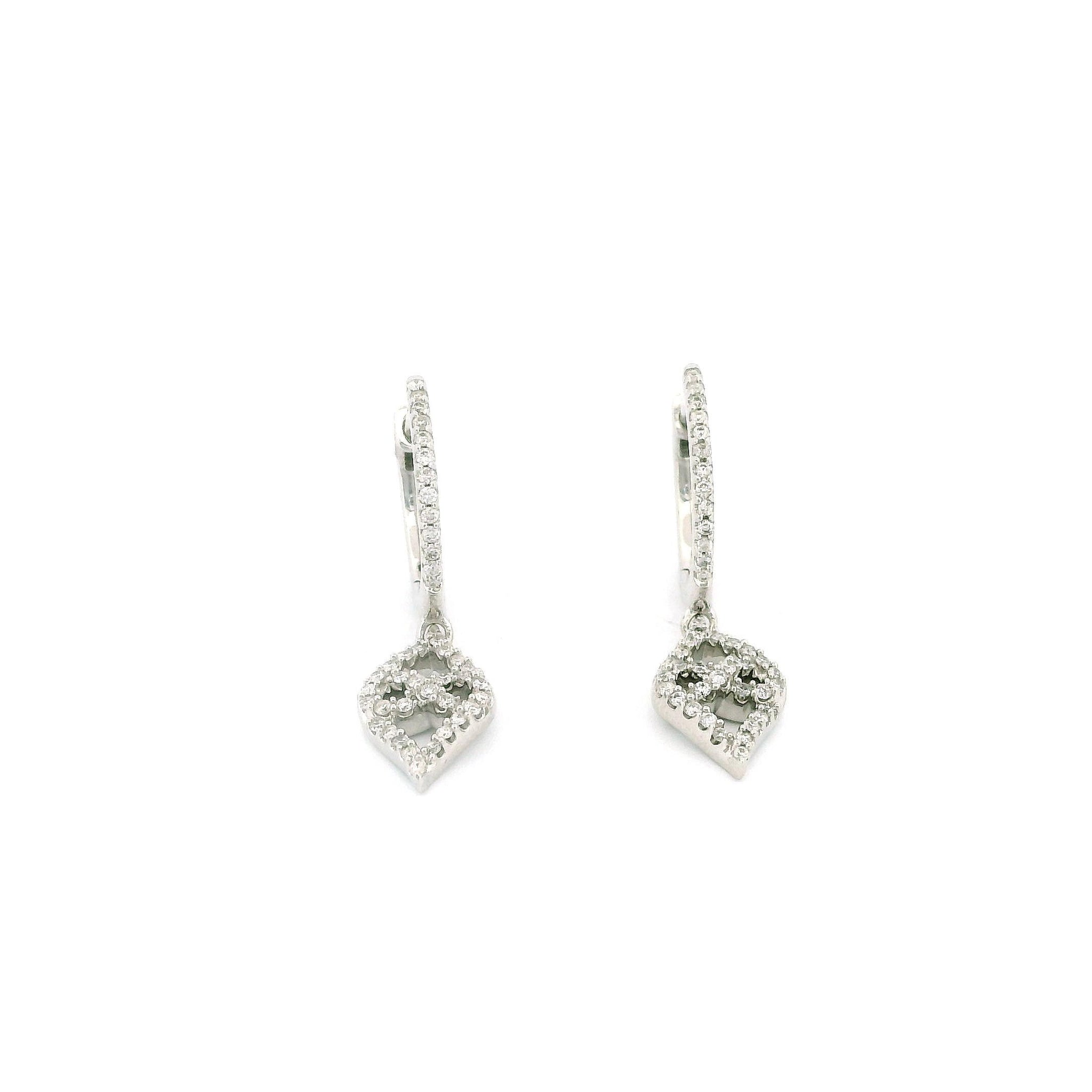 10k White Gold Diamond Hoop Earrings with Dangling Charm, 0.20ct Natural Round Diamonds, Dainty Gold Hoops