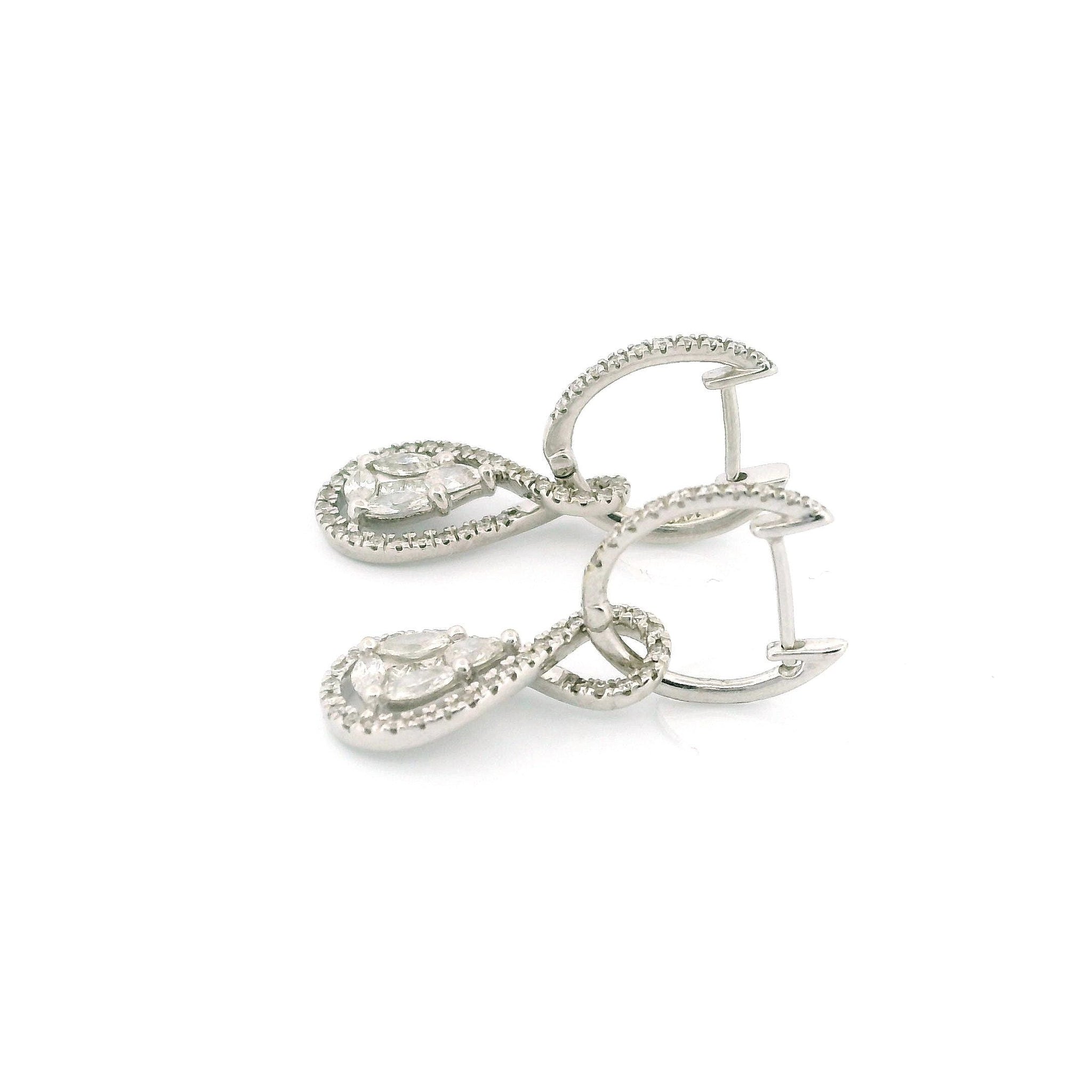 14k White Gold Diamond Hoop Earrings with Oval Swirl Dangle, 0.75ct Natural Round Diamonds, Clip Lock Hoops