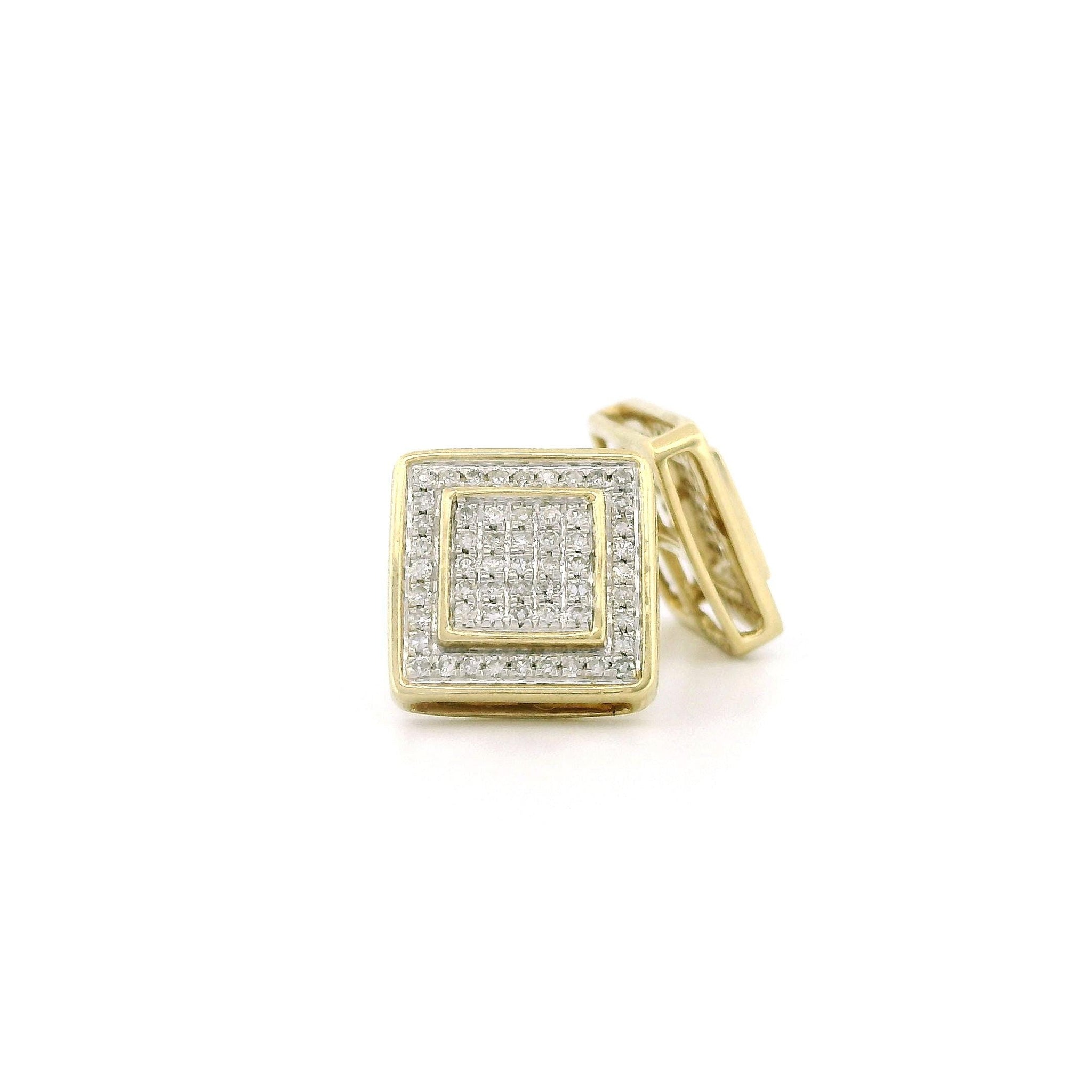 14k Yellow Gold Diamond Stud Earrings, 0.29ct Natural Round Diamonds, Raised Square Center, Screw Back