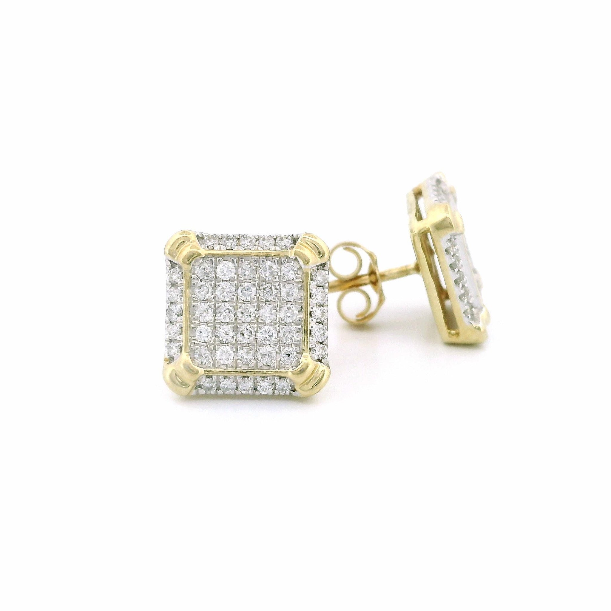 14k Yellow Gold Diamond Stud Earrings, 0.50ct Natural Tiny Round Diamonds, Square Shape with Curved Edges, Push Back
