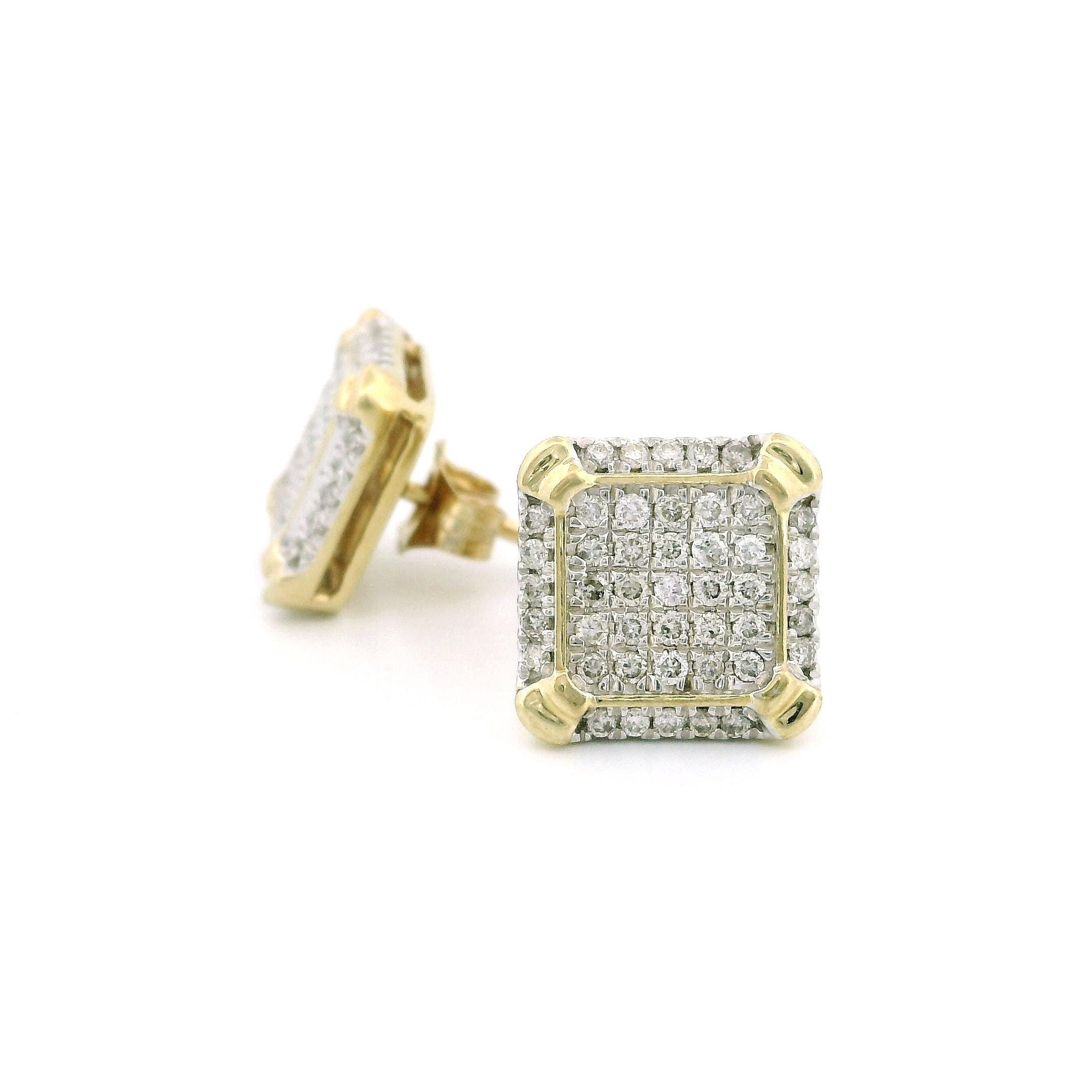 14k Yellow Gold Diamond Stud Earrings, 0.50ct Natural Tiny Round Diamonds, Square Shape with Curved Edges, Push Back