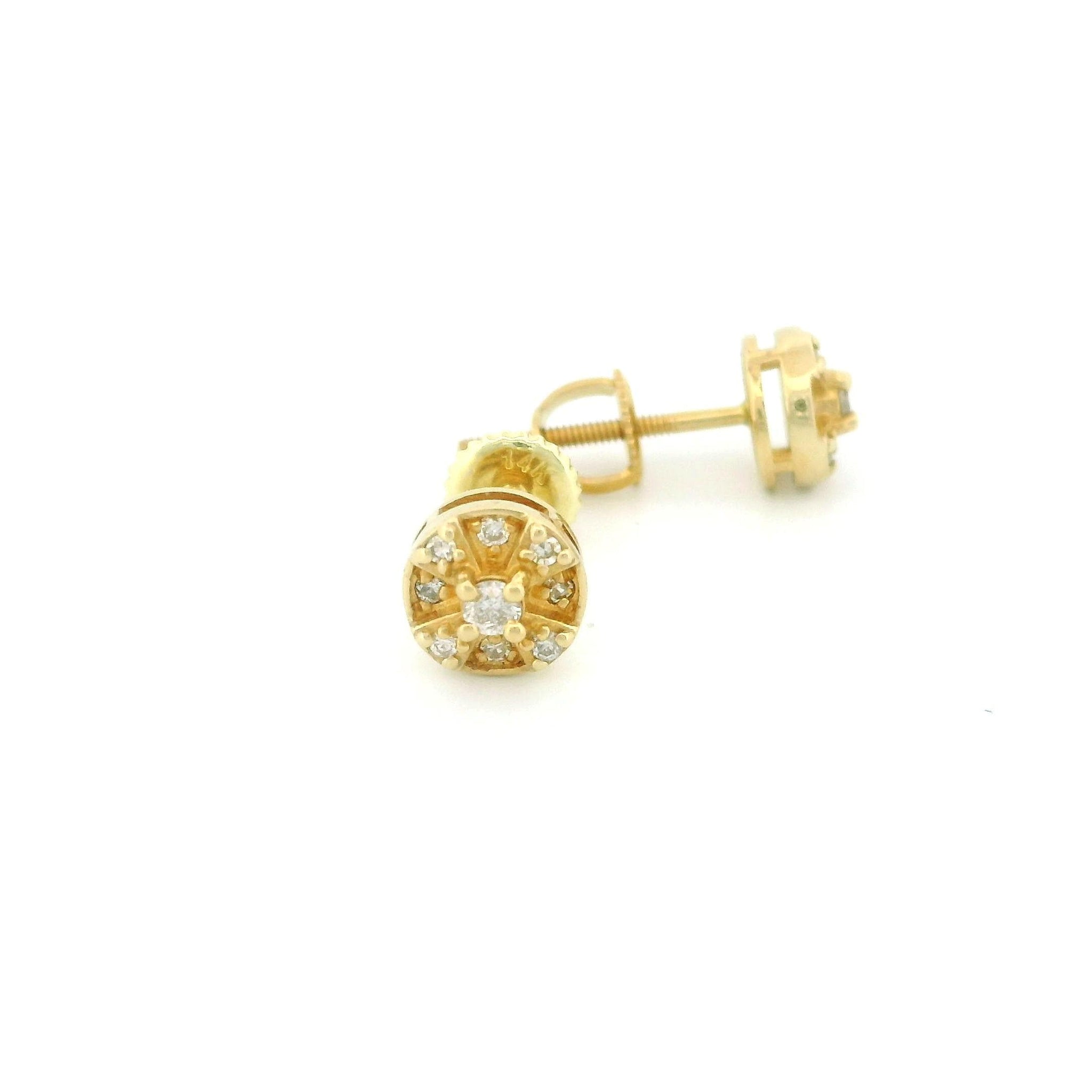 14k Yellow Gold Diamond Stud Earrings, 0.17ct Natural Tiny Round Diamonds, Raised Flower Shape, Screw Back