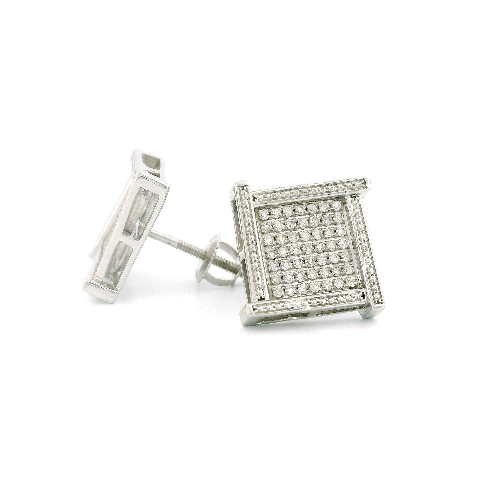 14k White Gold Diamond Stud Earrings, 0.25ct Natural Tiny Round Diamonds, Square Shape with Raised Corners, Screw Back
