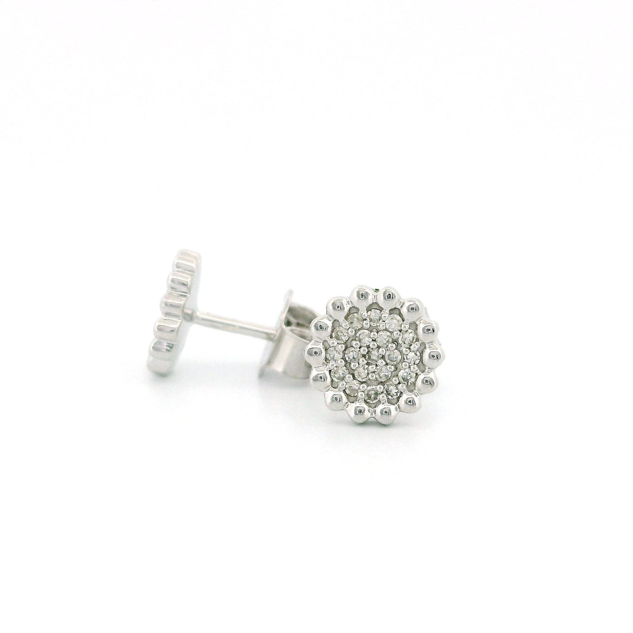 14k Yellow Gold Diamond Stud Earrings, 0.13ct Natural Tiny Round Diamonds, Round Shape with Dotted Flower Edge, Push Back