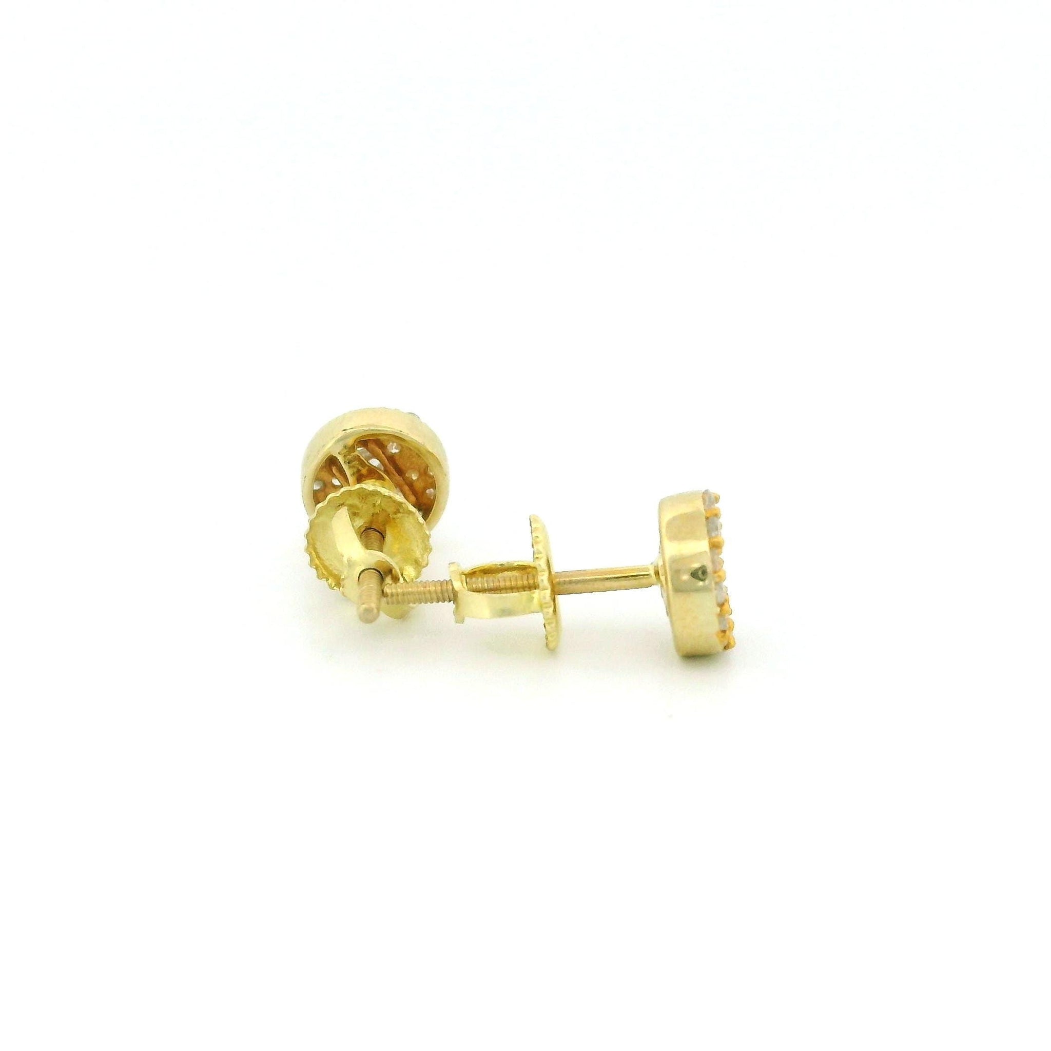 14k Yellow Gold Diamond Stud Earrings, 0.22ct Natural Round & Tapered Diamonds, Round Flat Shape, Screw Back