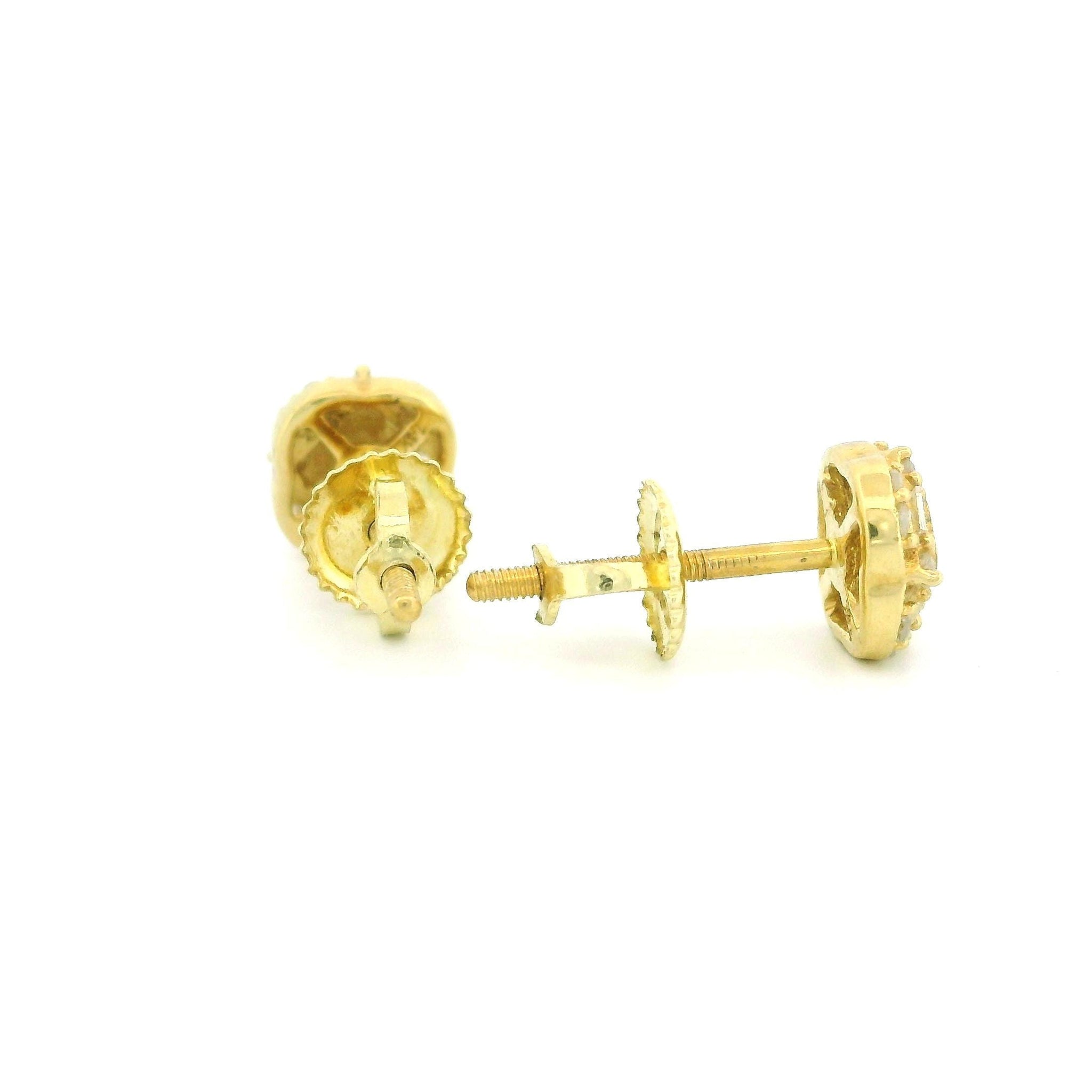 14k Yellow Gold Diamond Stud Earrings, 0.18ct Natural Tiny Round & Tapered Diamonds, Cushion Shape with Raised Square Center, Screw Back
