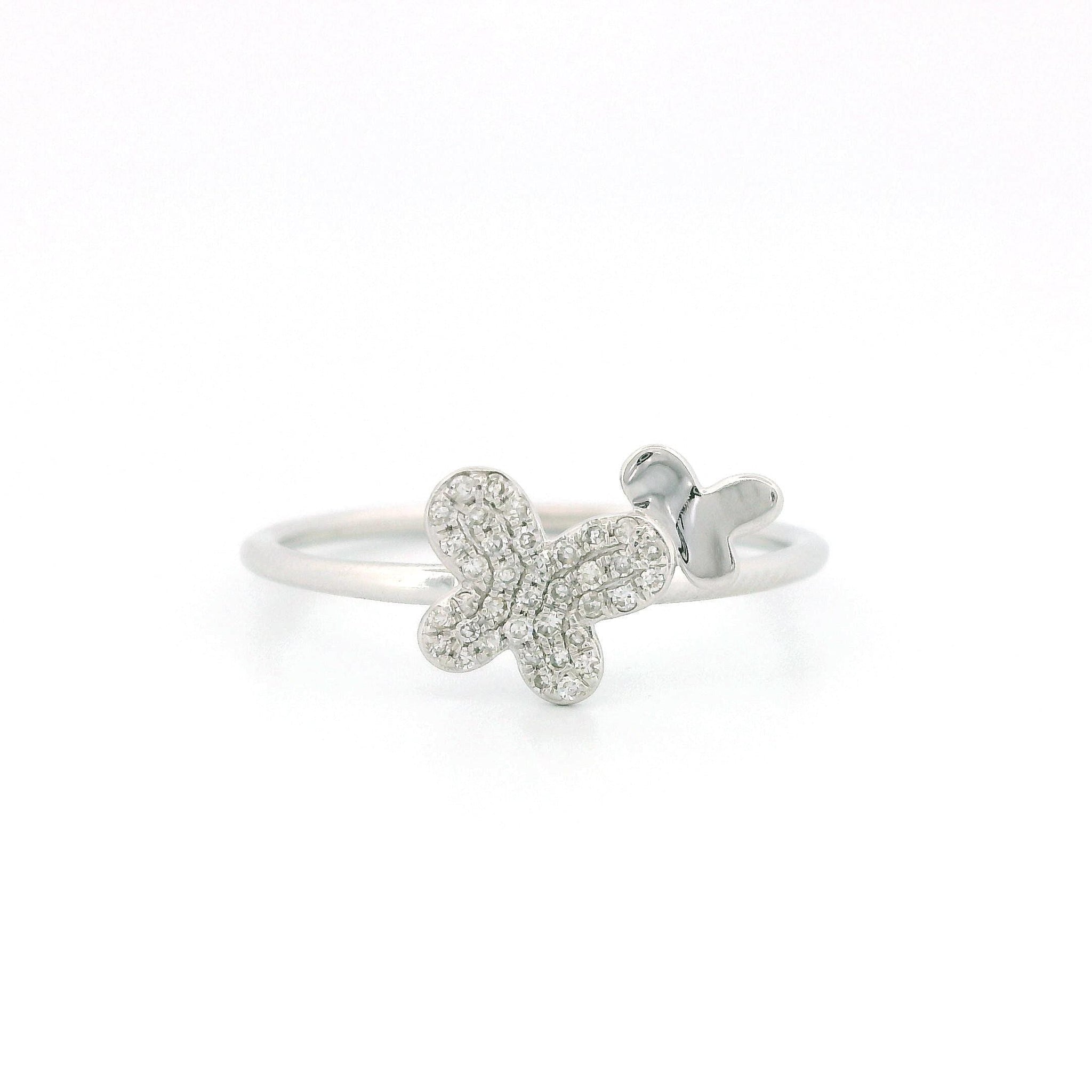 14kt White Gold Butterfly Ring, Size 7, Thin Band, 0.11ct Natural Diamond Accent