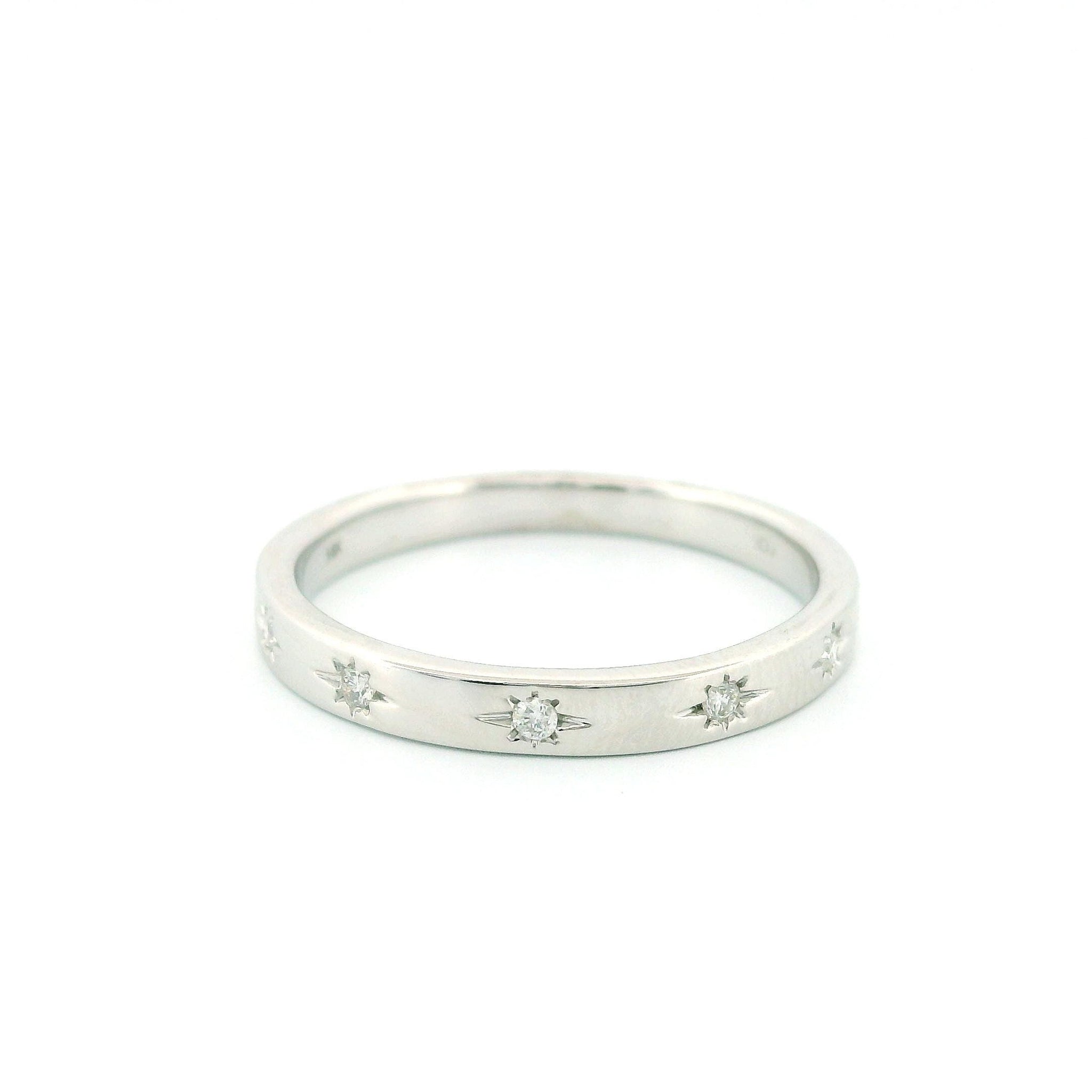 14kt Gold Band Ring with Diamonds, Star Carving Design, 0.06ct Natural Diamonds, Yellow and White Gold Options