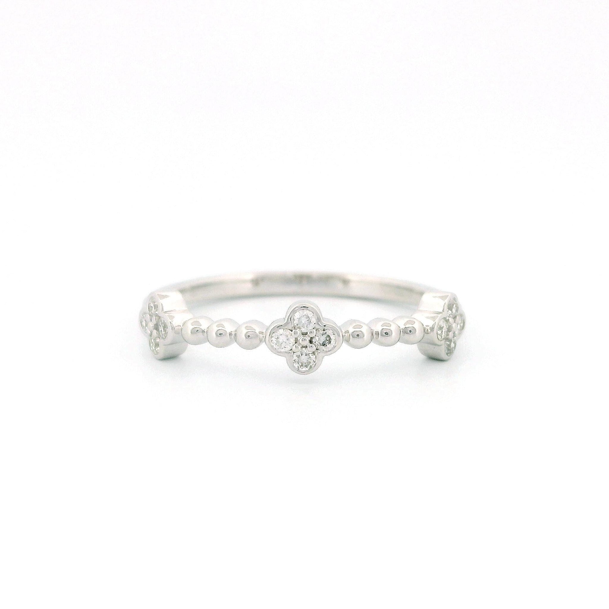 14kt White Gold Clover Cluster Diamond Ring, Thin Band, 0.13ct Natural Diamonds, Size 7