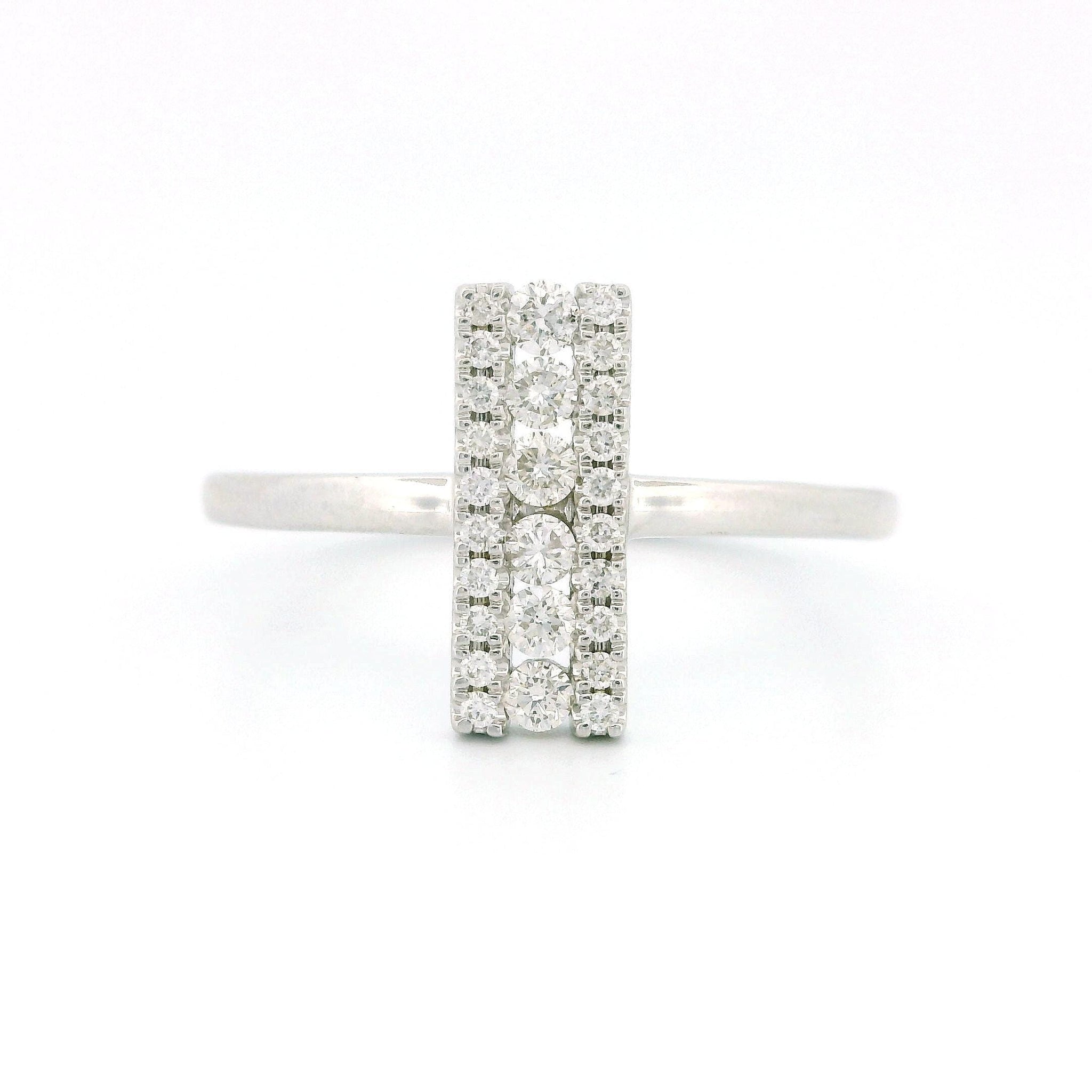 14kt Gold Vertical Line Diamond Cluster Ring, Thin Band, 0.25ct Natural Diamonds, White or Yellow Gold, Size 7