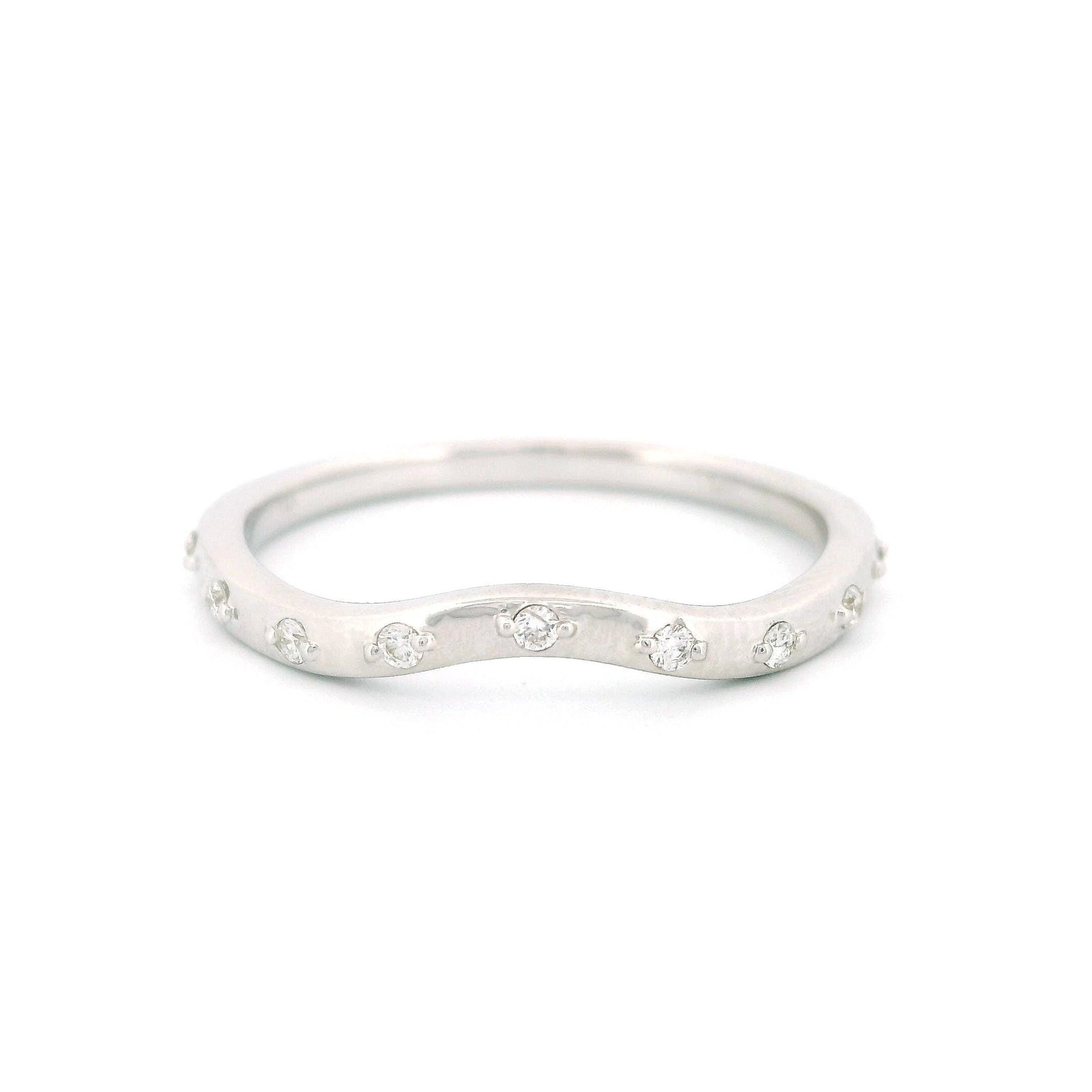 14KT White Gold Curved Band Ring with 9 Diamonds, Thin Band, 0.10 CT, Size 7