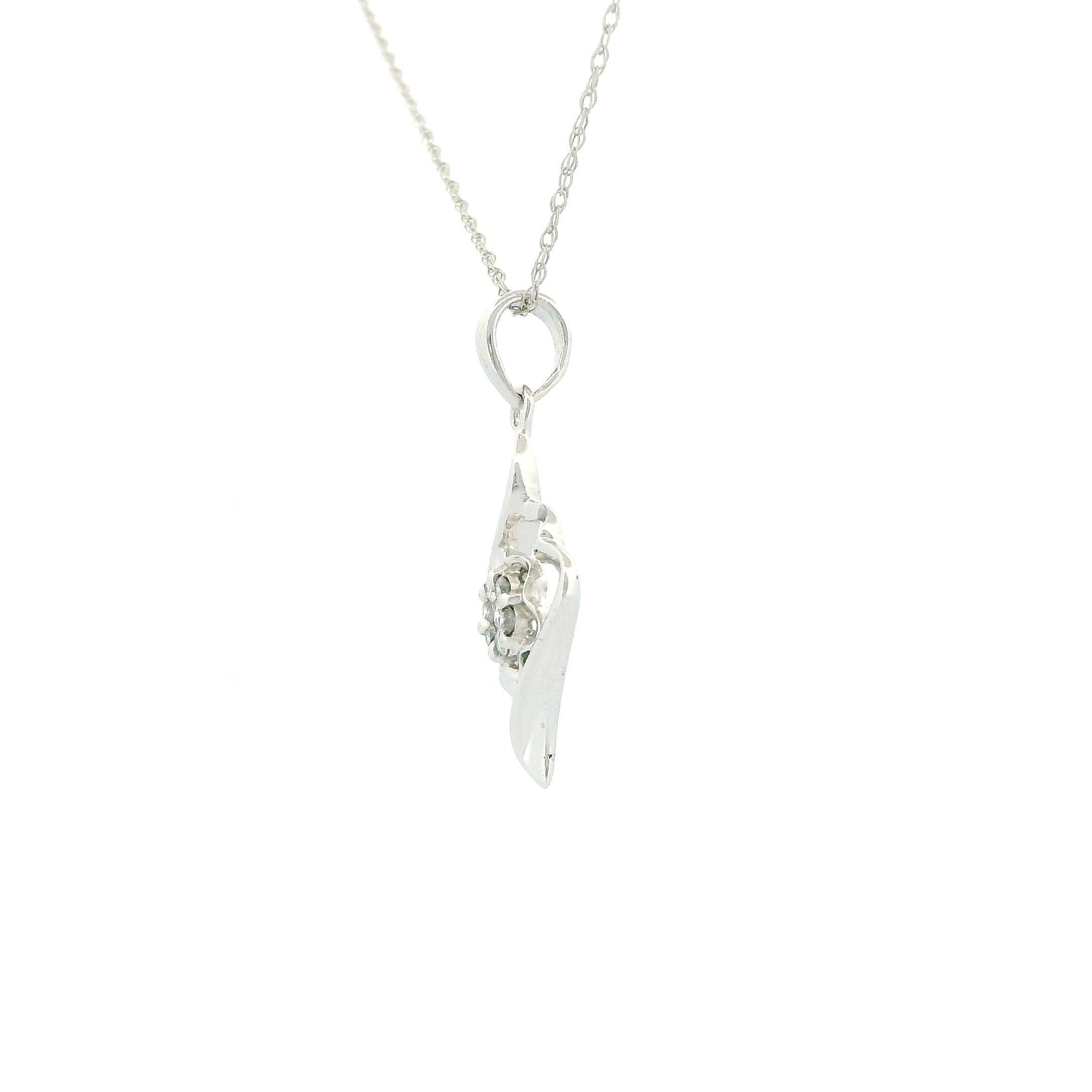 14KT White Gold Charm Necklace, Cluster Flower with Rhombus Design, Cable Chain 18", 0.09 CT Diamond