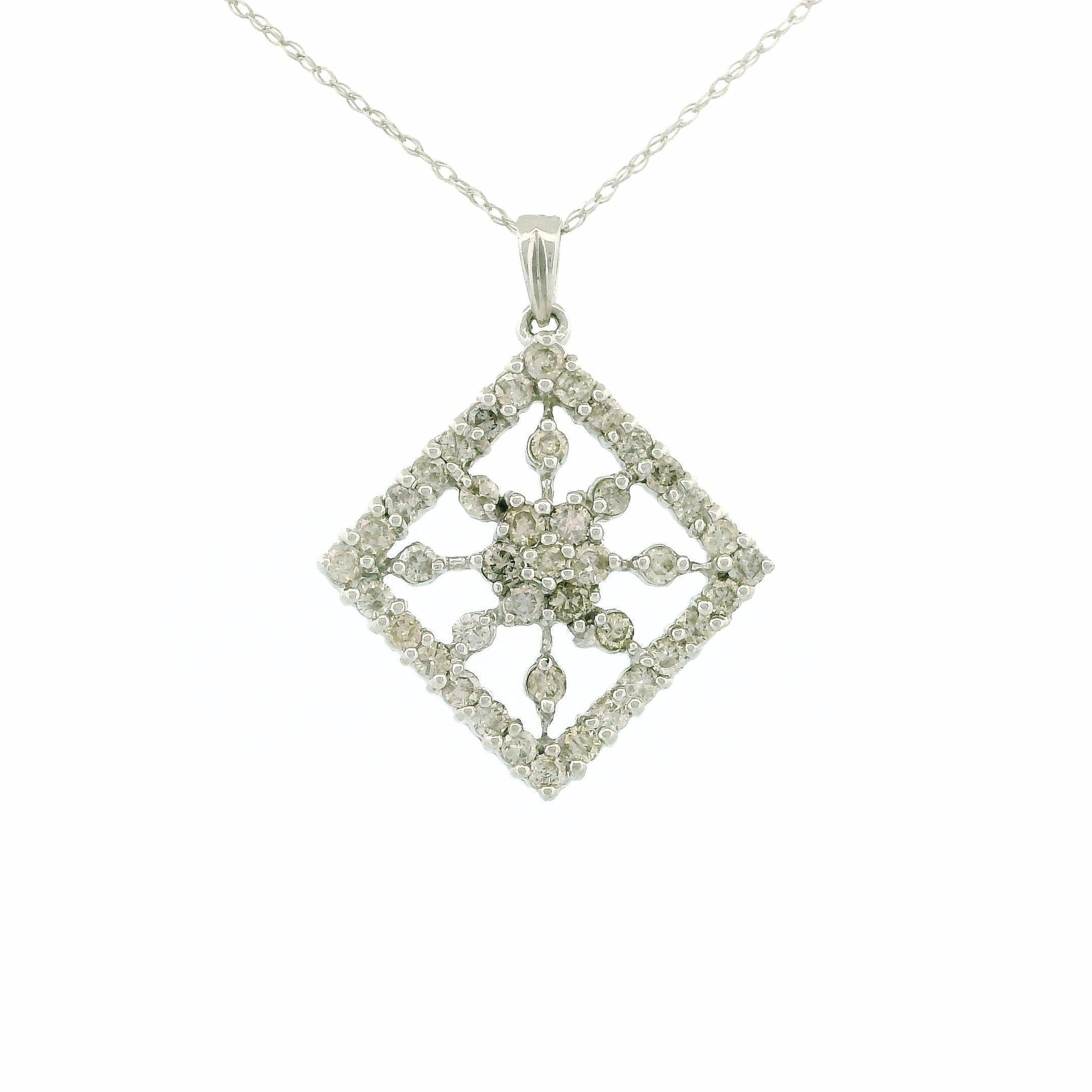 14KT White Gold Sun-Inspired Rhombus Charm Necklace, Cable Chain 18", 0.50 CT Diamond Pendant