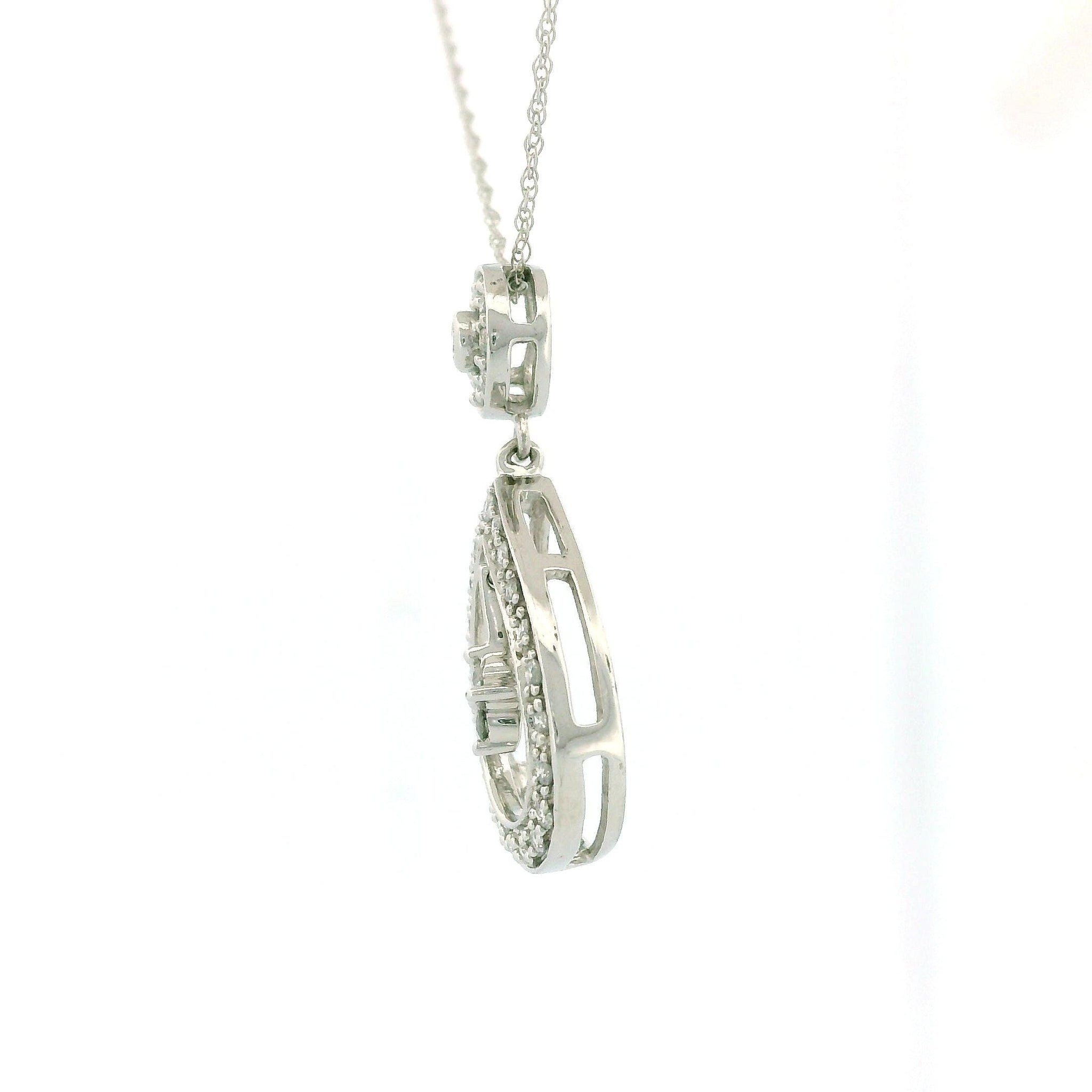 10K White Gold Round and Teardrop Charm Necklace with Dangling Star, Diamond .29ct, Rope Chain 18 Inch