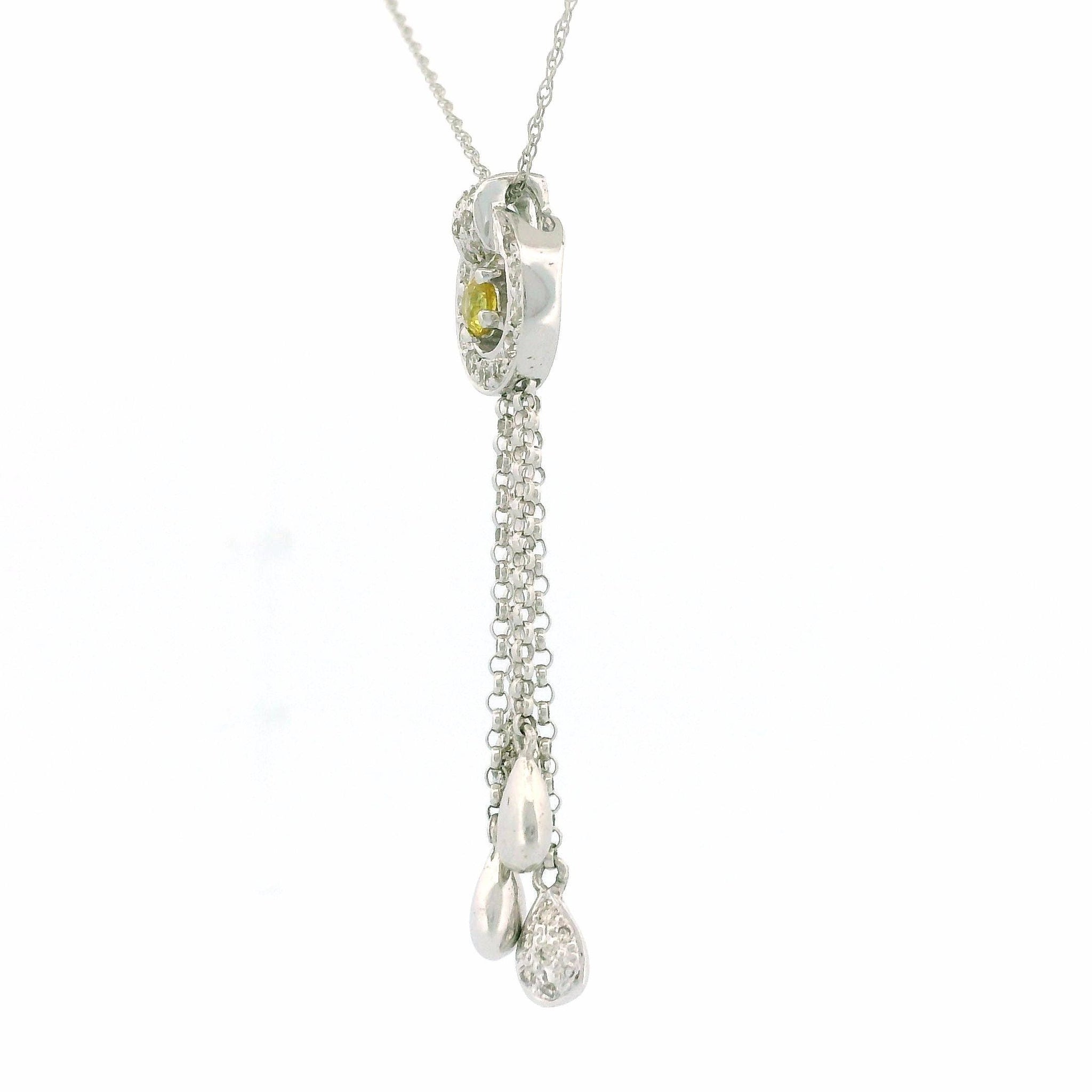 14KT White Gold Round Frame Charm Necklace with Yellow Diamond Center, Teardrop Accents & Cable Link Chain – .50 CT Diamond, 18 Inch