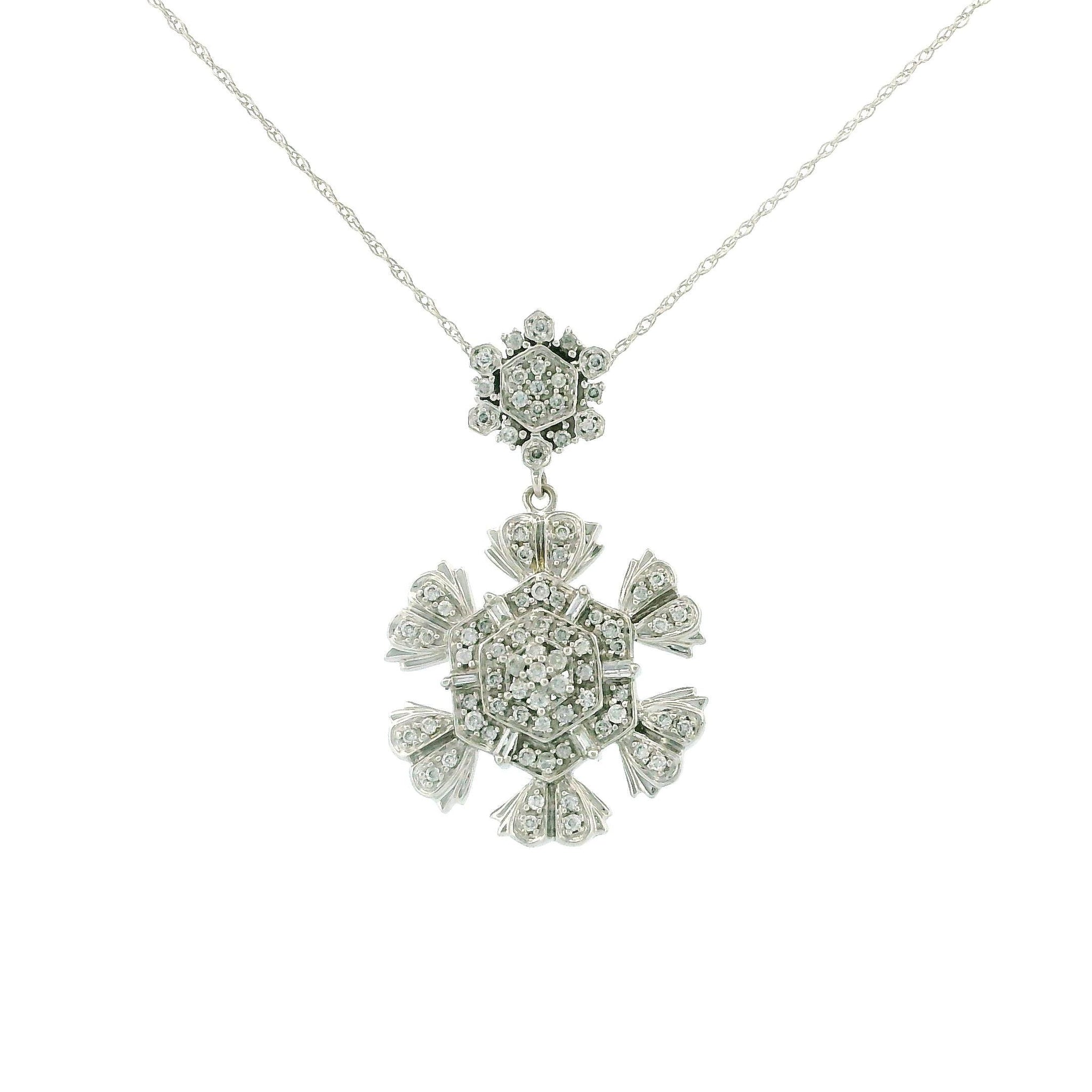 14kt White Gold Hexagon Flower Charm Necklace, Dangling Pendant, 0.44ct Natural Diamond, Cable Link Chain 18"
