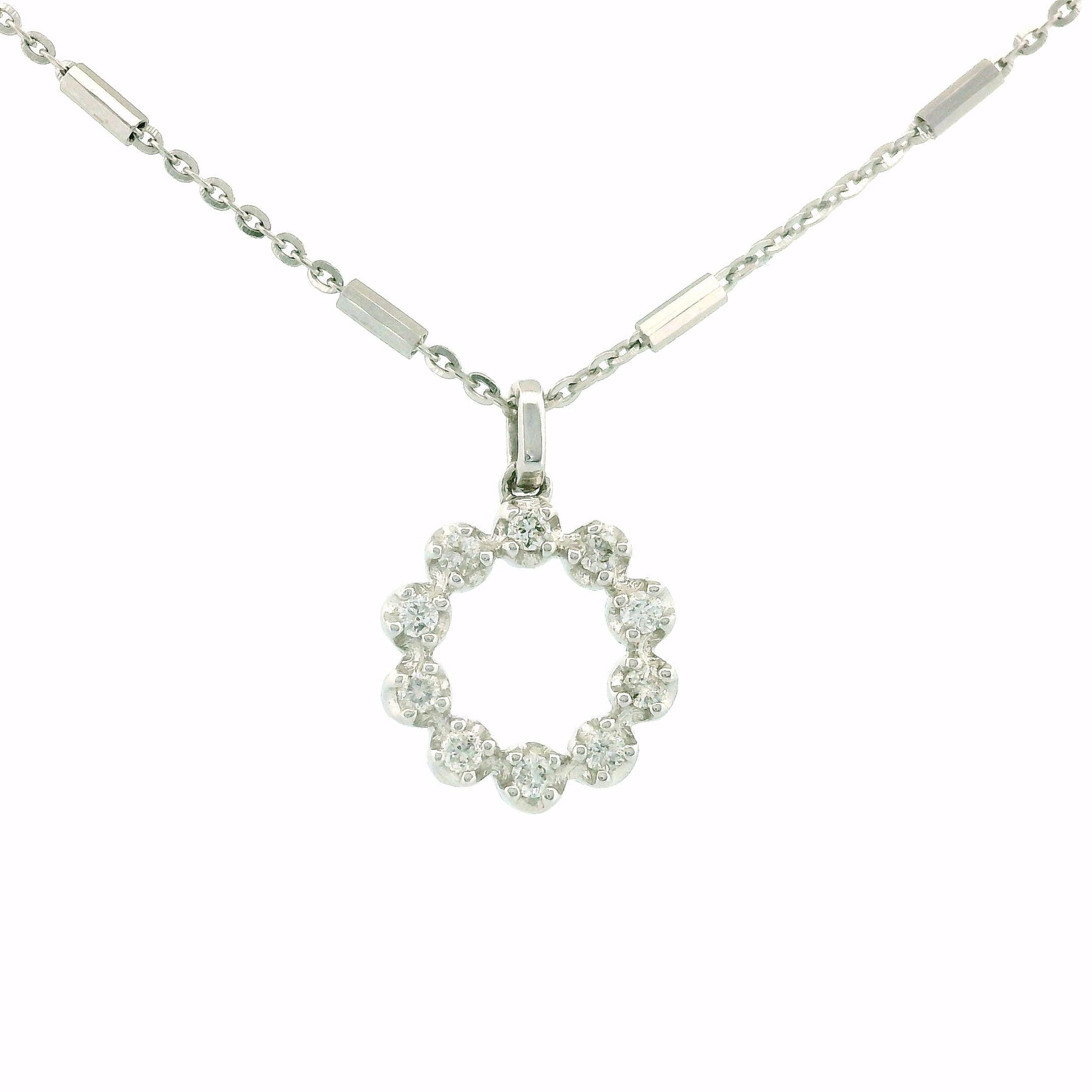 14kt White Gold Circle Halo Diamond Charm Necklace, 10-Stone 0.20ct, Bar and Station Chain 18”