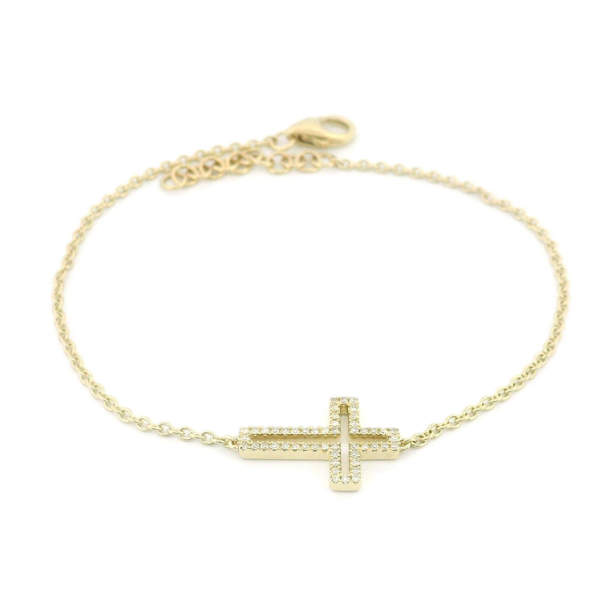 14kt Yellow Gold Diamond Cross Halo Bracelet, Cable Link Chain, 0.10ct Natural Diamonds, Lobster Lock, 6"