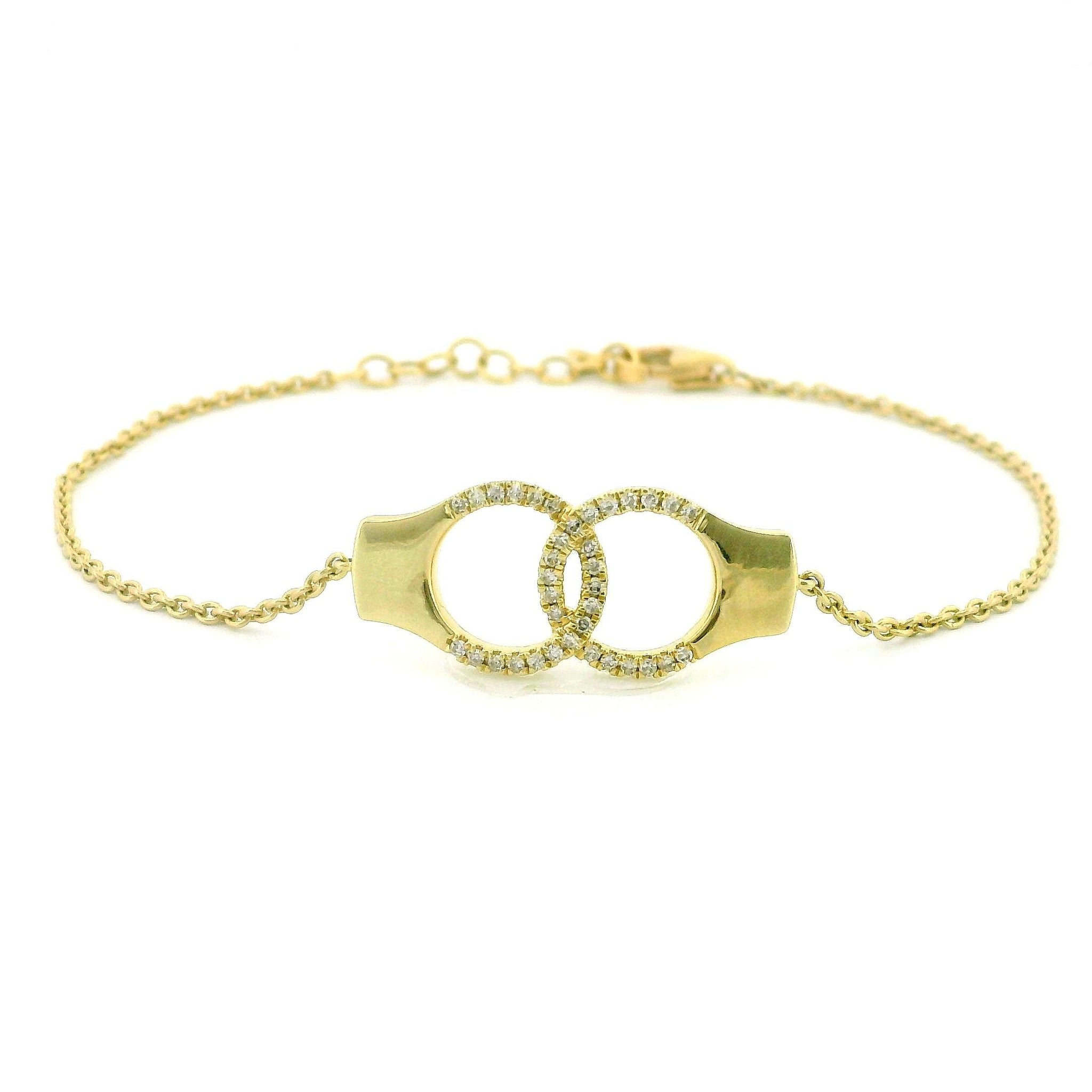 14kt White or Yellow Gold Handcuff Bracelet, Diamond Accent 0.11ct, Cable Link Chain, Lobster Lock