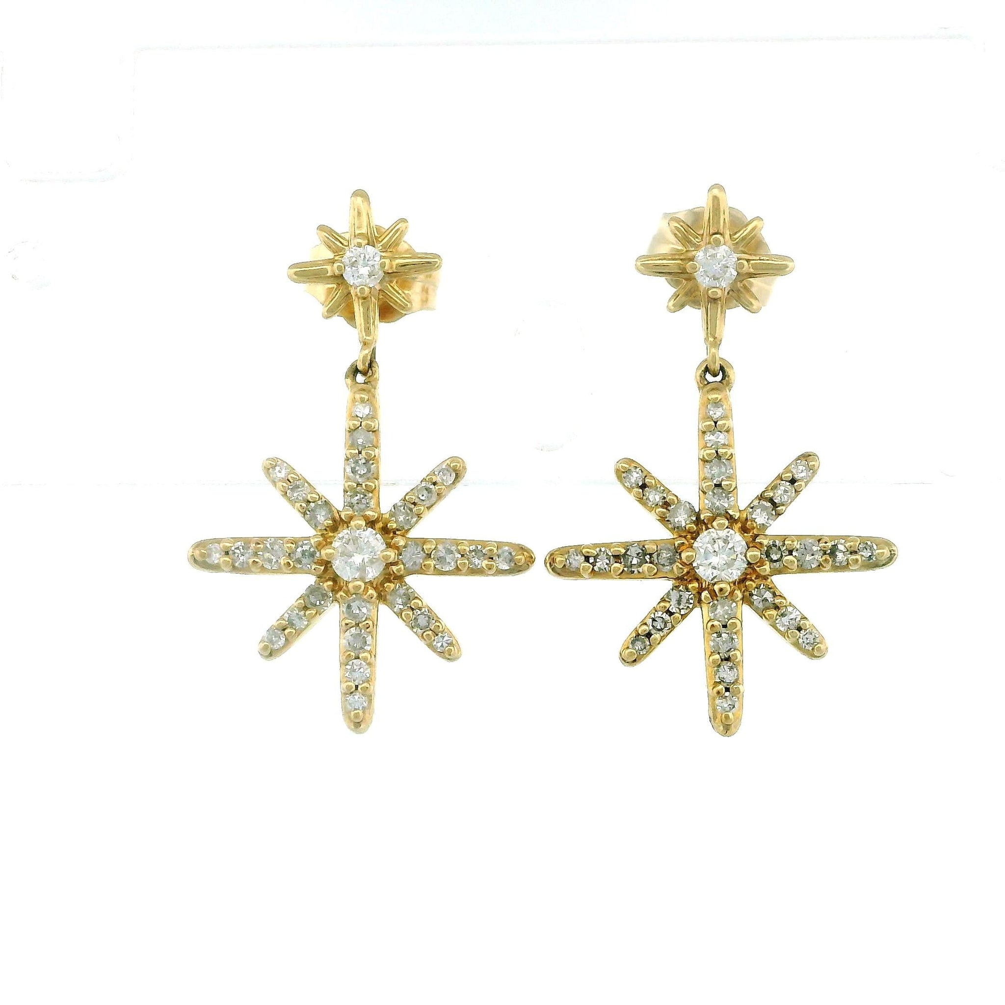 10kt Yellow Gold Star Diamond Earrings, Dangling Earrings with 0.50ct Diamonds, Push Back Lock