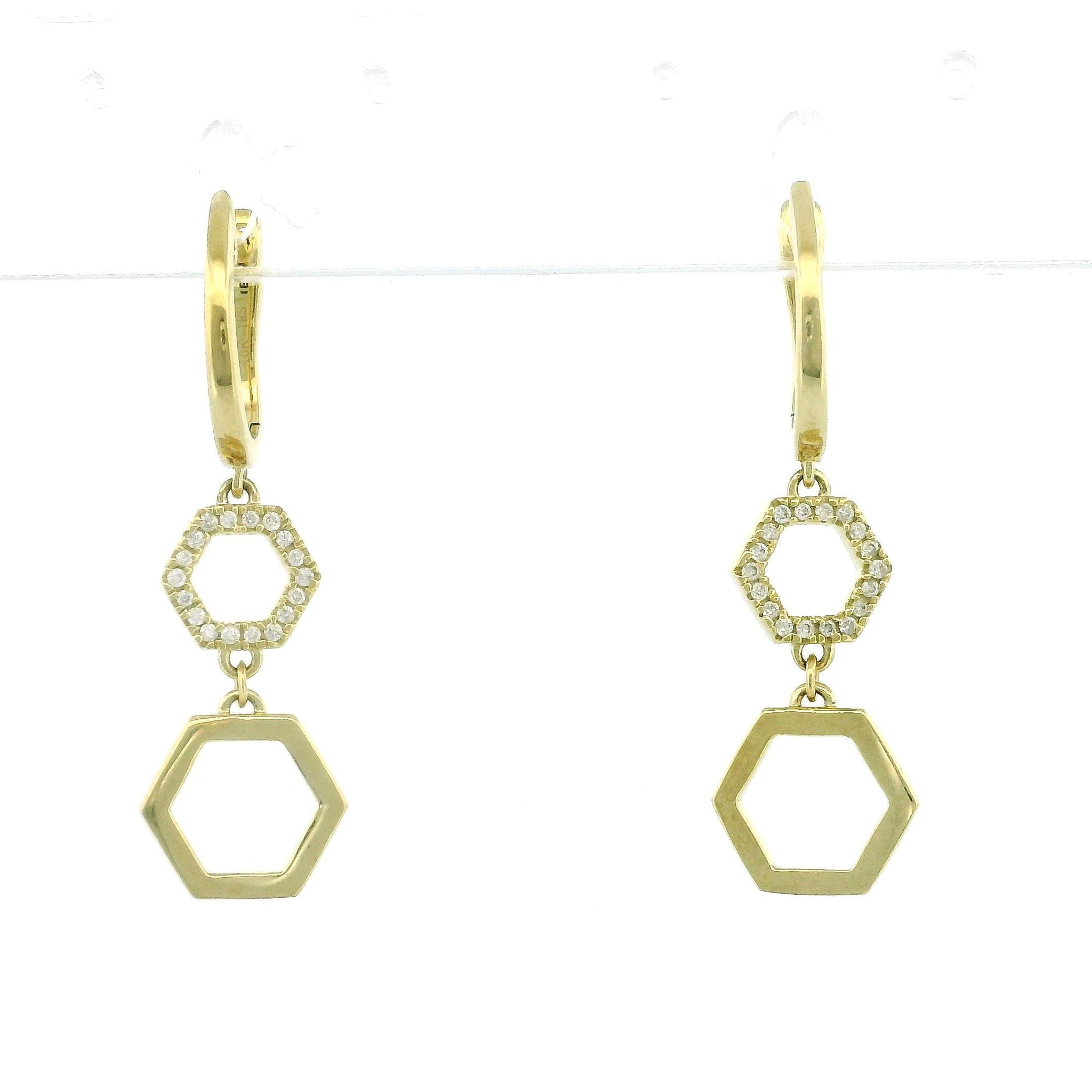 10kt Yellow Gold Hexagon Frame Diamond Hoop Earrings, Dangling Earrings with 0.16ct Diamonds, Clip Lock