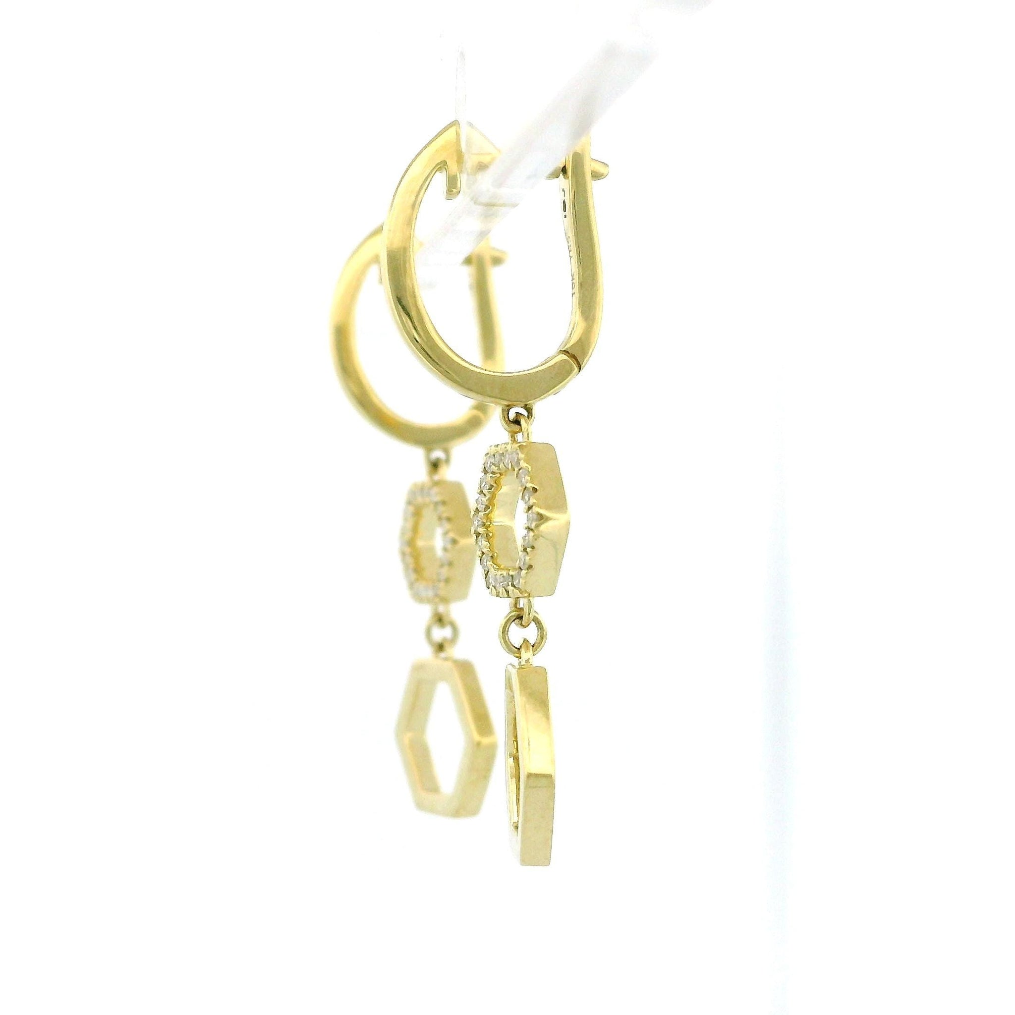 10kt Yellow Gold Hexagon Frame Diamond Hoop Earrings, Dangling Earrings with 0.16ct Diamonds, Clip Lock