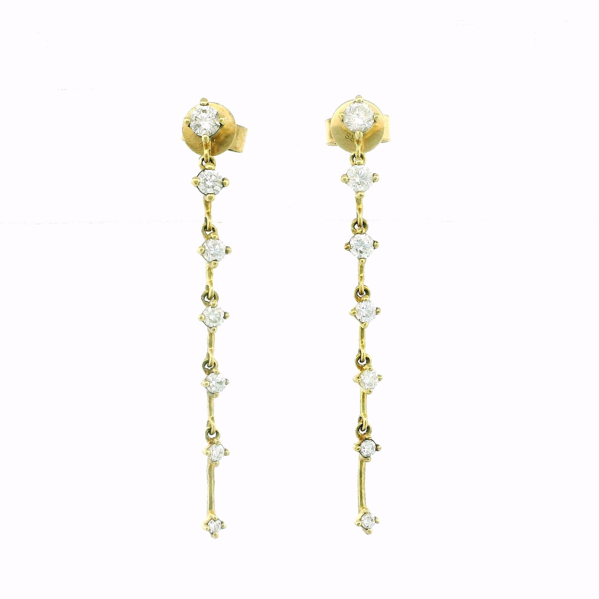 10kt Yellow Gold Long Linear Diamond Earrings, Dangling Modern Design, 0.75ct
