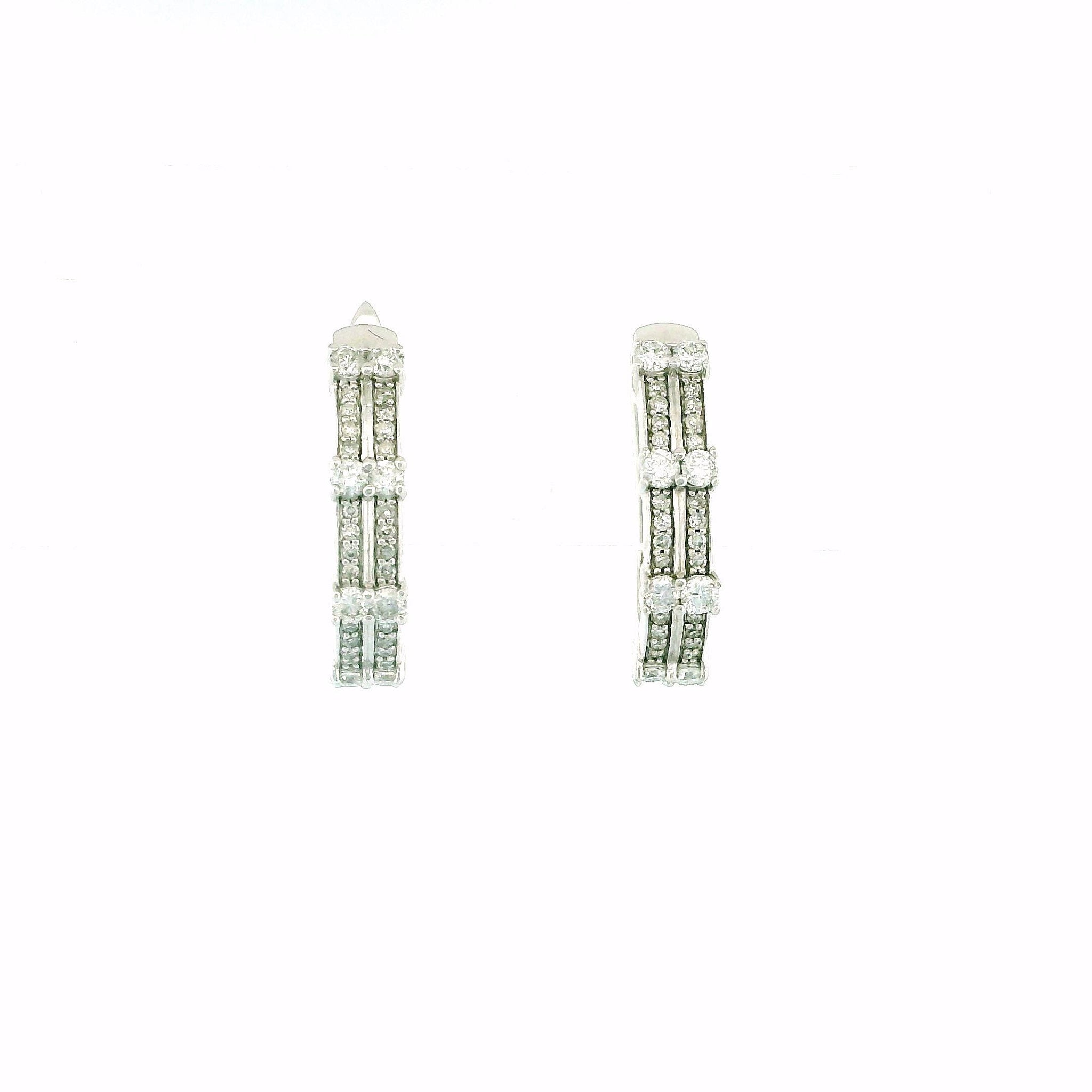10kt White Gold Double Line Hoop Earrings, Diamond 0.50ct, Clip Lock