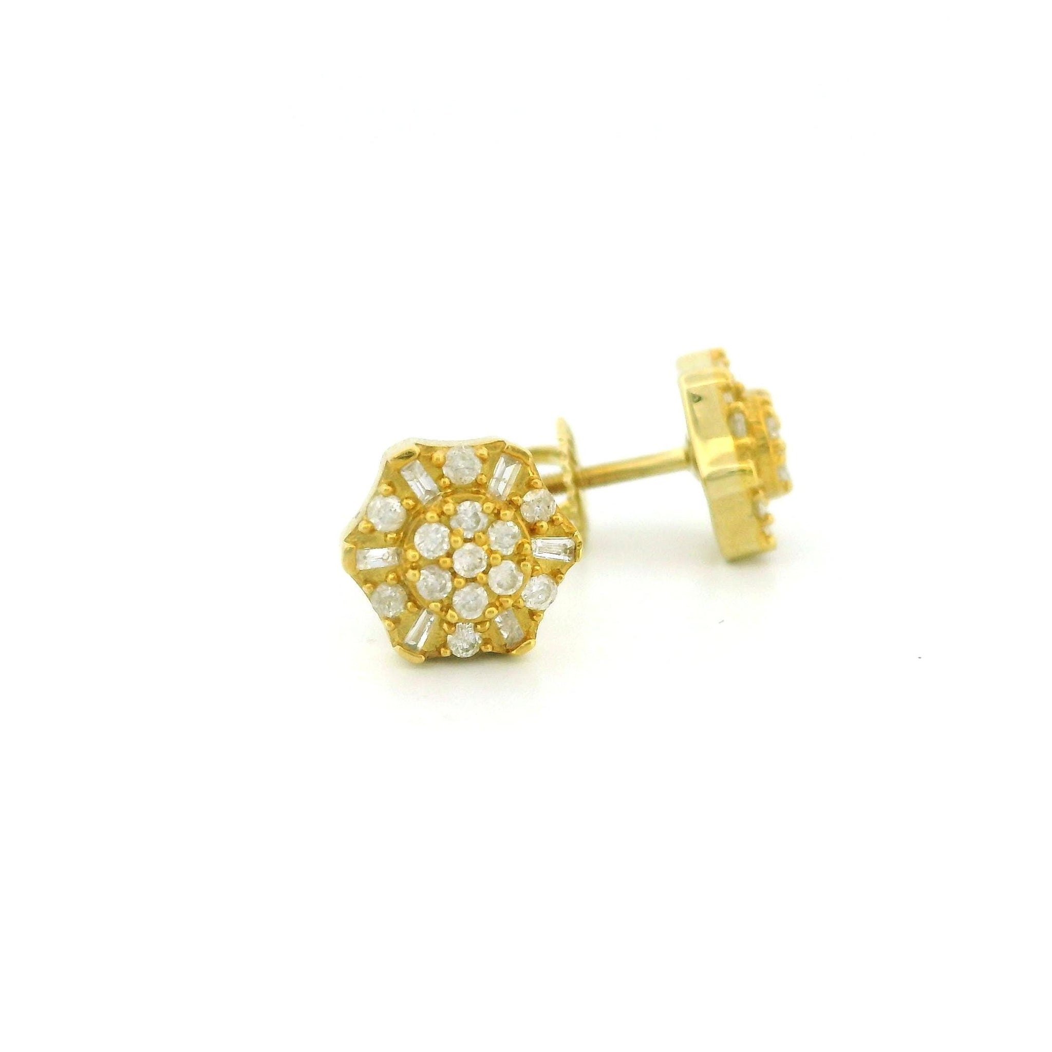 14k Yellow Gold Flower Diamond Stud Earrings, Natural Round & Tapered Diamonds, Dainty Real Gold Earrings