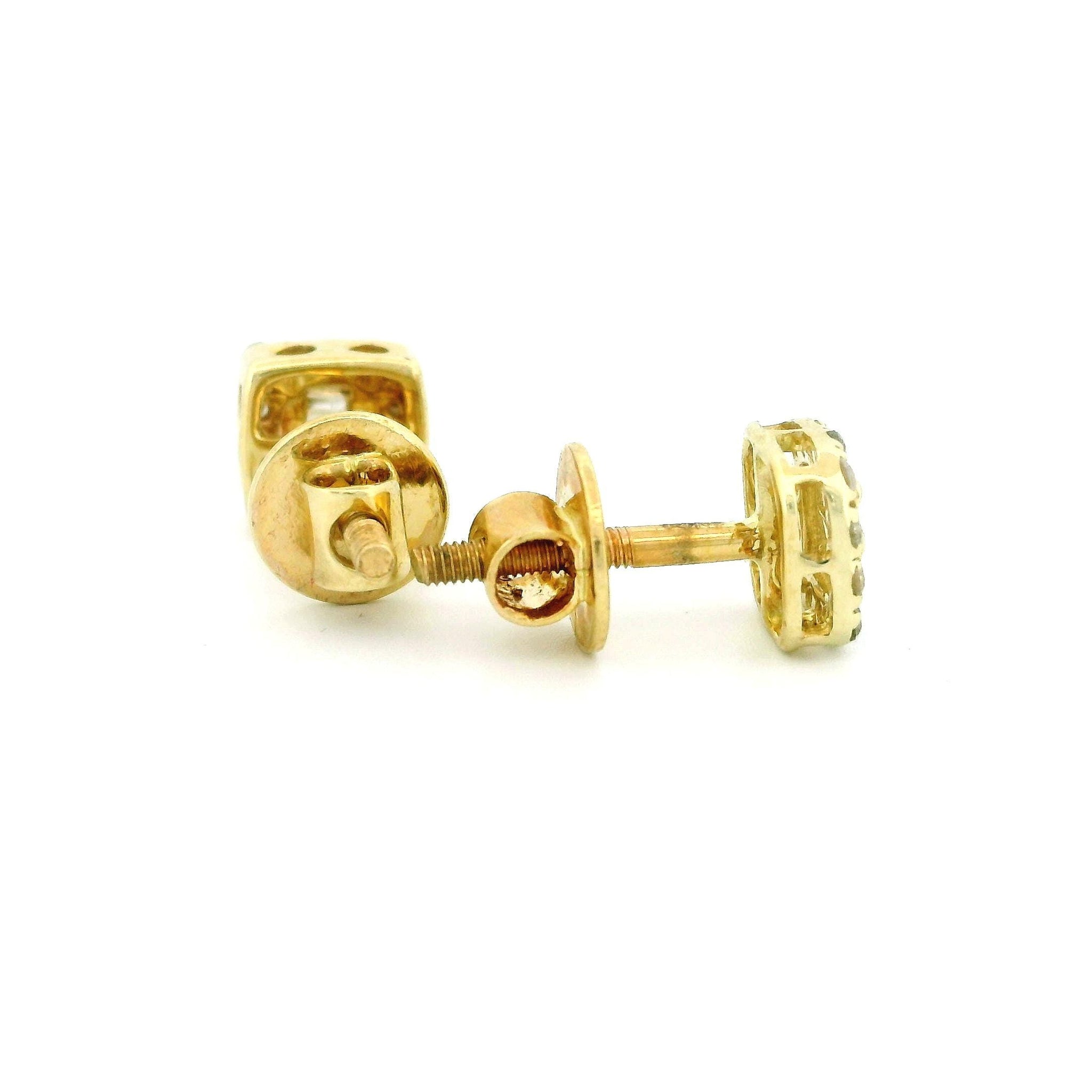 14k Yellow Gold Square Diamond Stud Earrings, Round & Tapered Natural Diamonds, Dainty Real Gold Earrings, Fine Jewelry Gift