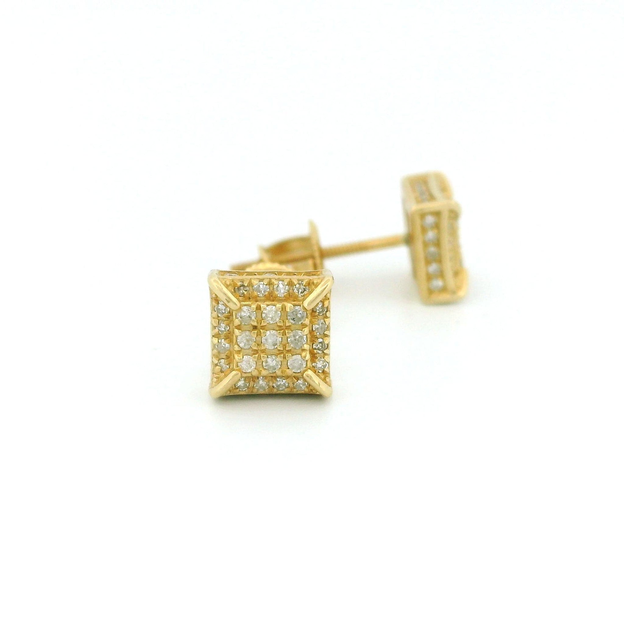 14k Yellow Gold Square Diamond Stud Earrings, Cluster of Round Diamonds with Raised Center, Corner Gold Line Design, Fine Jewelry Gift