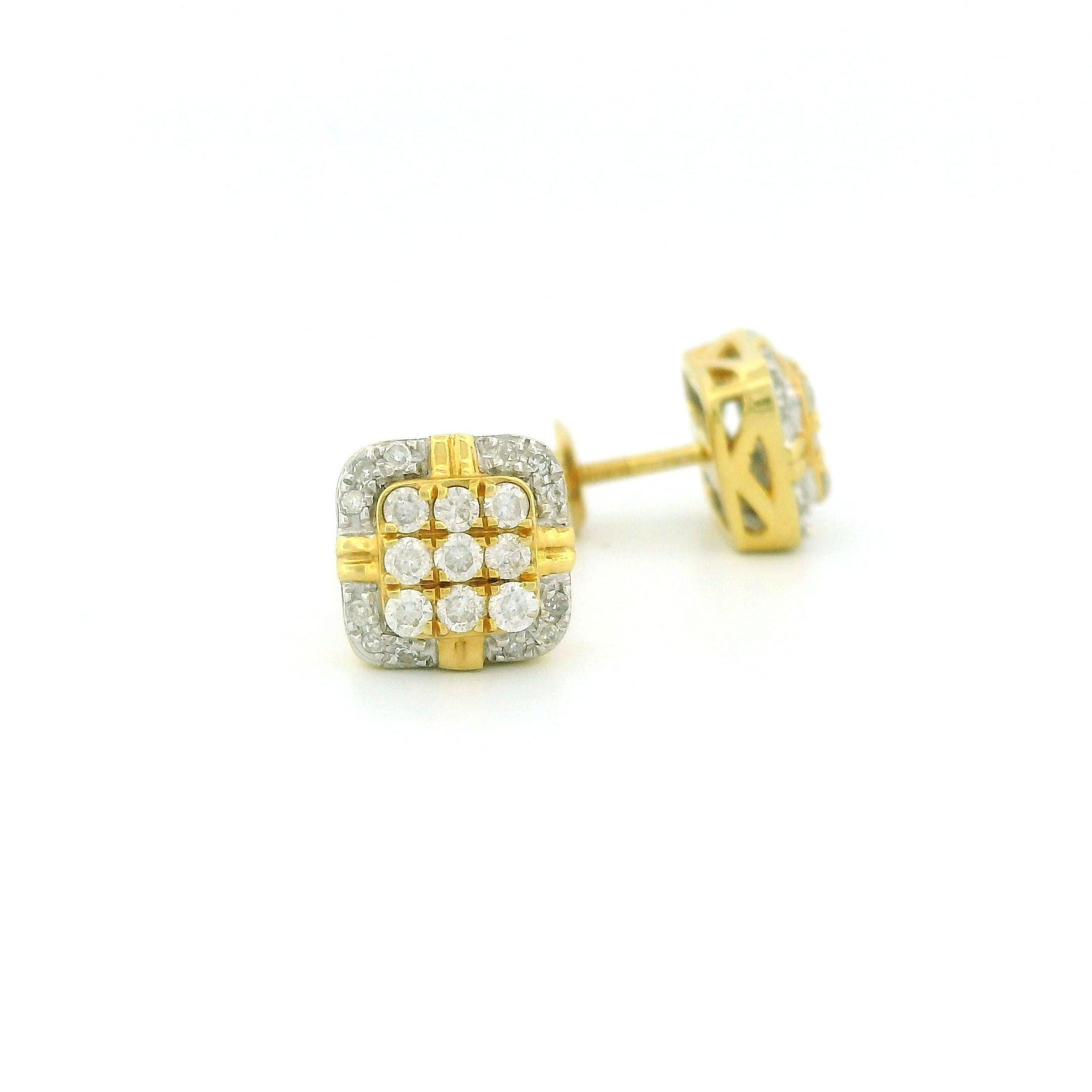 14k Yellow Gold Cushion Frame Diamond Stud Earrings, Raised Center Design, Tiny Round Natural Diamonds,  Dainty Real Gold Gift