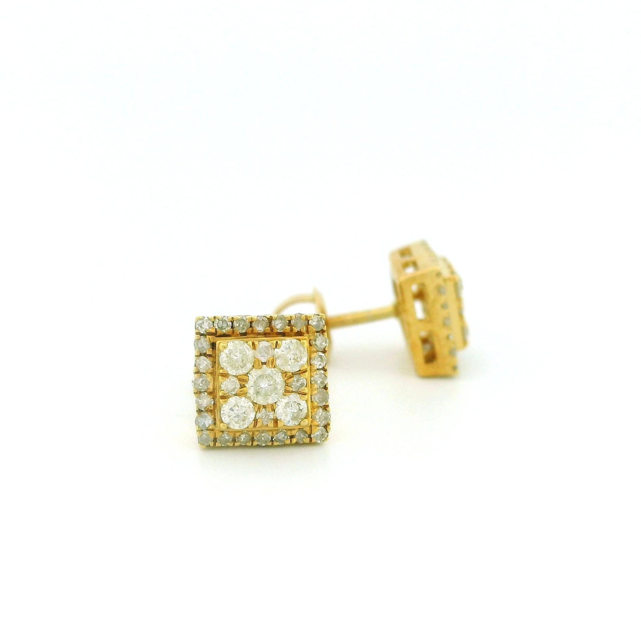 14k Yellow Gold Square Diamond Stud Earrings, Raised Center Design, Tiny Round Natural Diamonds, Dainty Real Gold Jewelry Gift