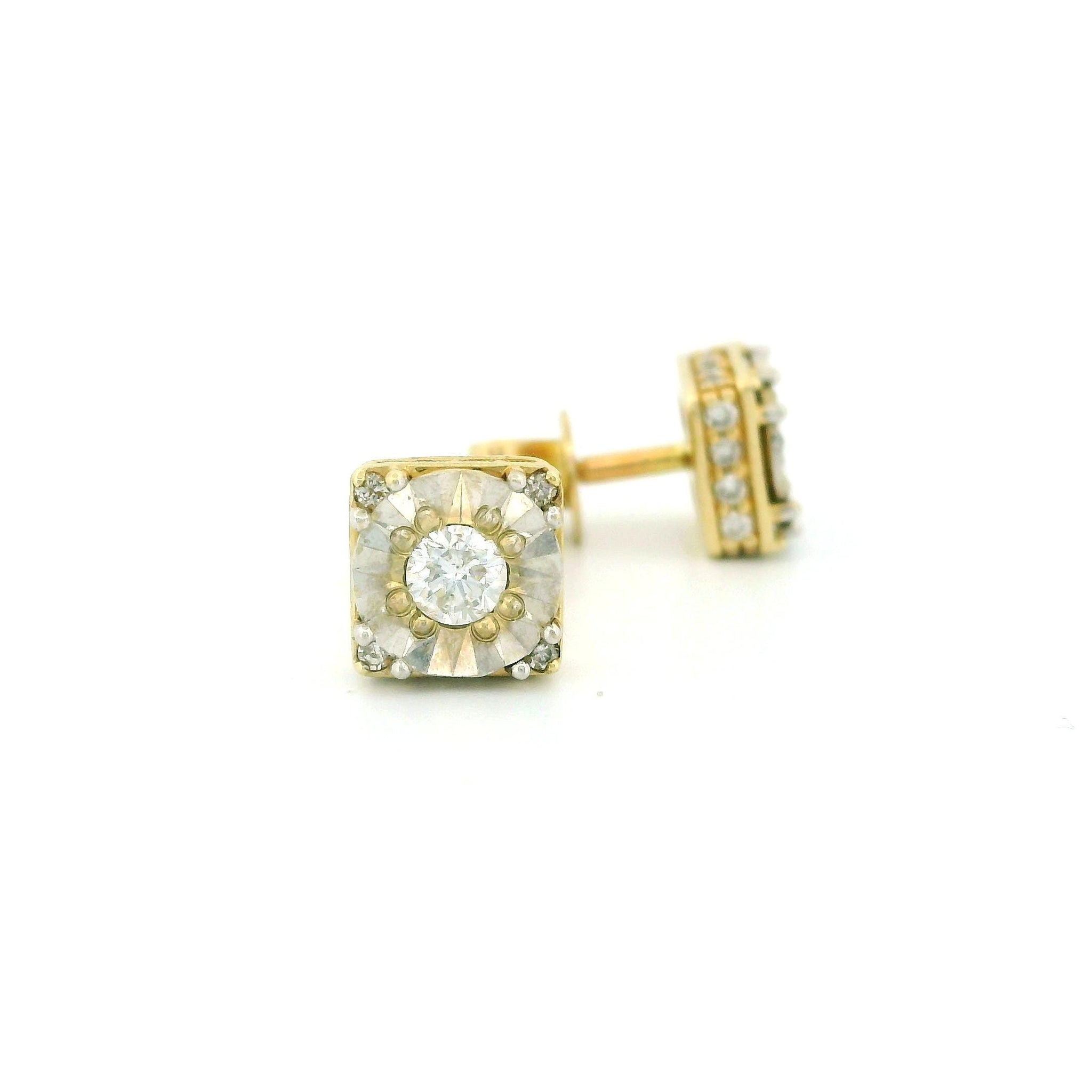 14k Yellow Gold Square Diamond Stud Earrings, Center Diamond with Gold Cut-Out, Side Diamond Accents, Dainty Real Gold Jewelry Gift