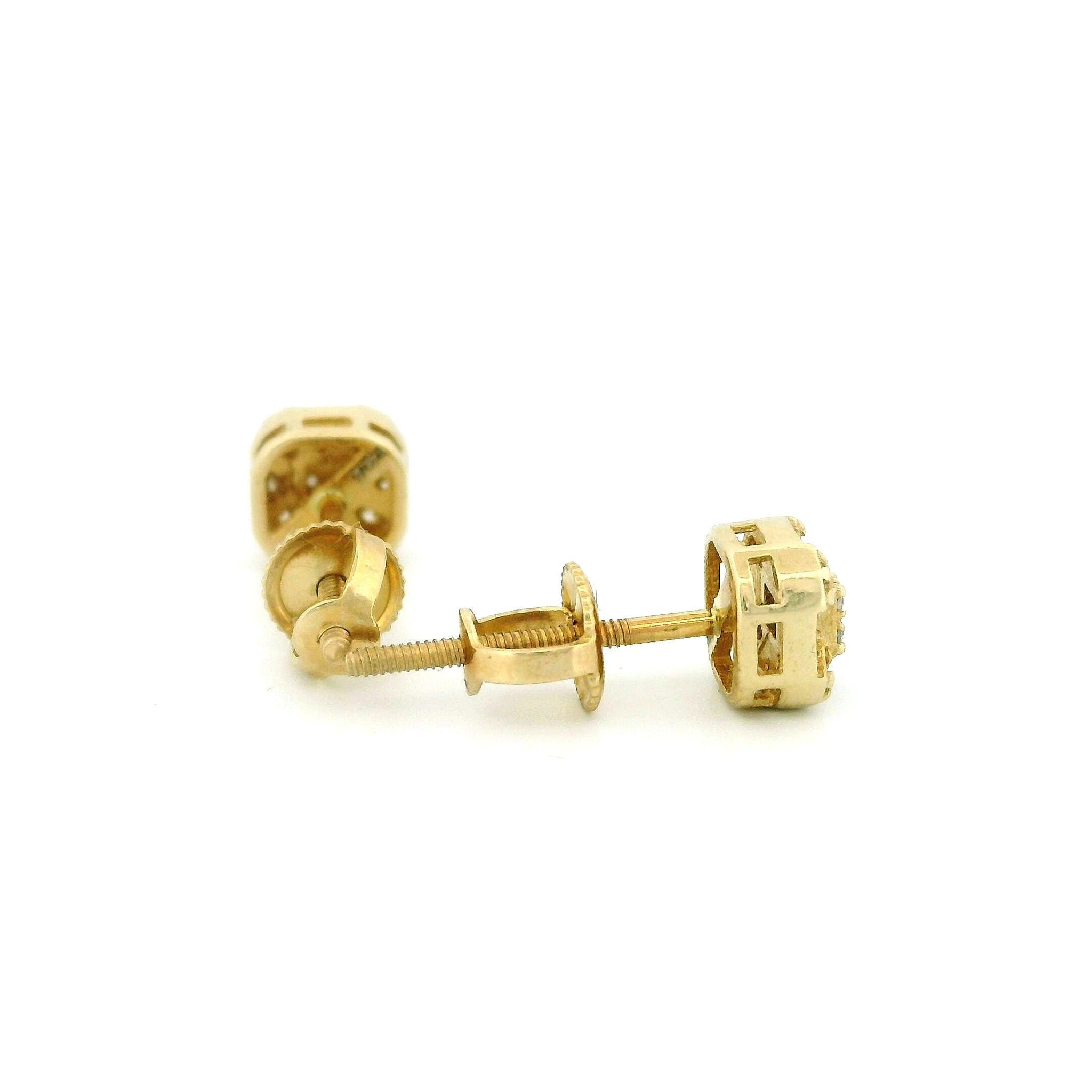 14k Yellow Gold Cushion Frame Diamond Stud Earrings, Raised Corners & Center, Tiny Round Diamond Cluster, Real Gold Jewelry Gift