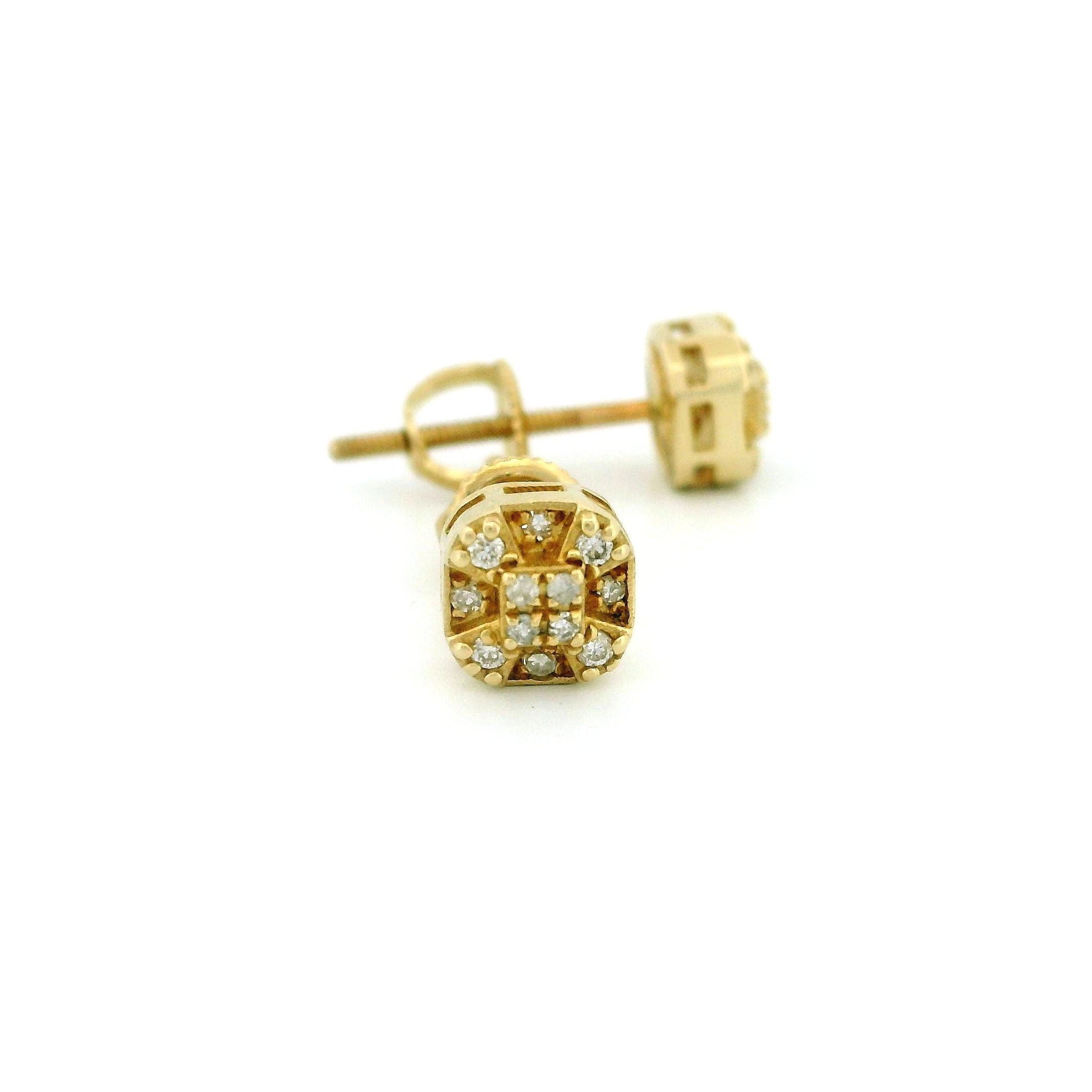14k Yellow Gold Cushion Frame Diamond Stud Earrings, Raised Corners & Center, Tiny Round Diamond Cluster, Real Gold Jewelry Gift
