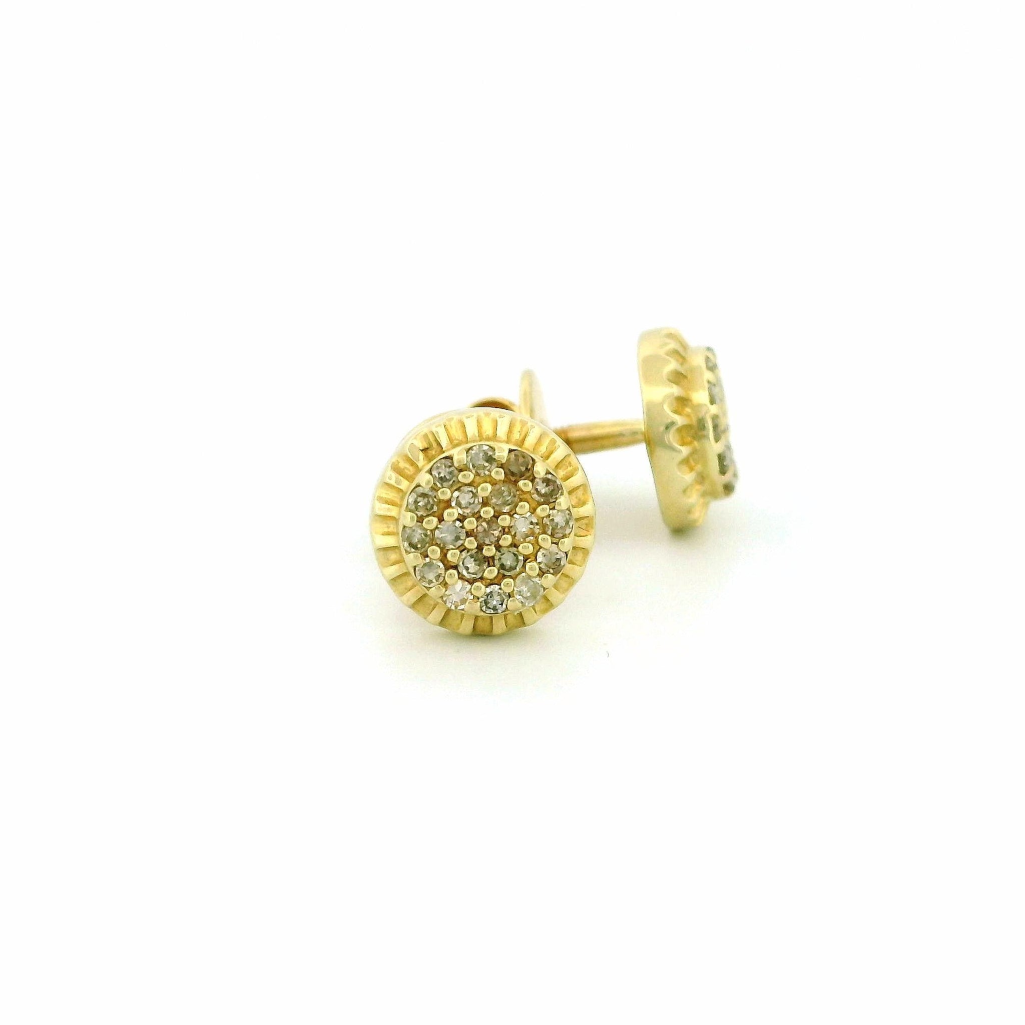 14k Yellow Gold Round Diamond Stud Earrings, Cluster Center with Decorative Gold Edge, Tiny Natural Diamonds, Real Gold Jewelry Gift