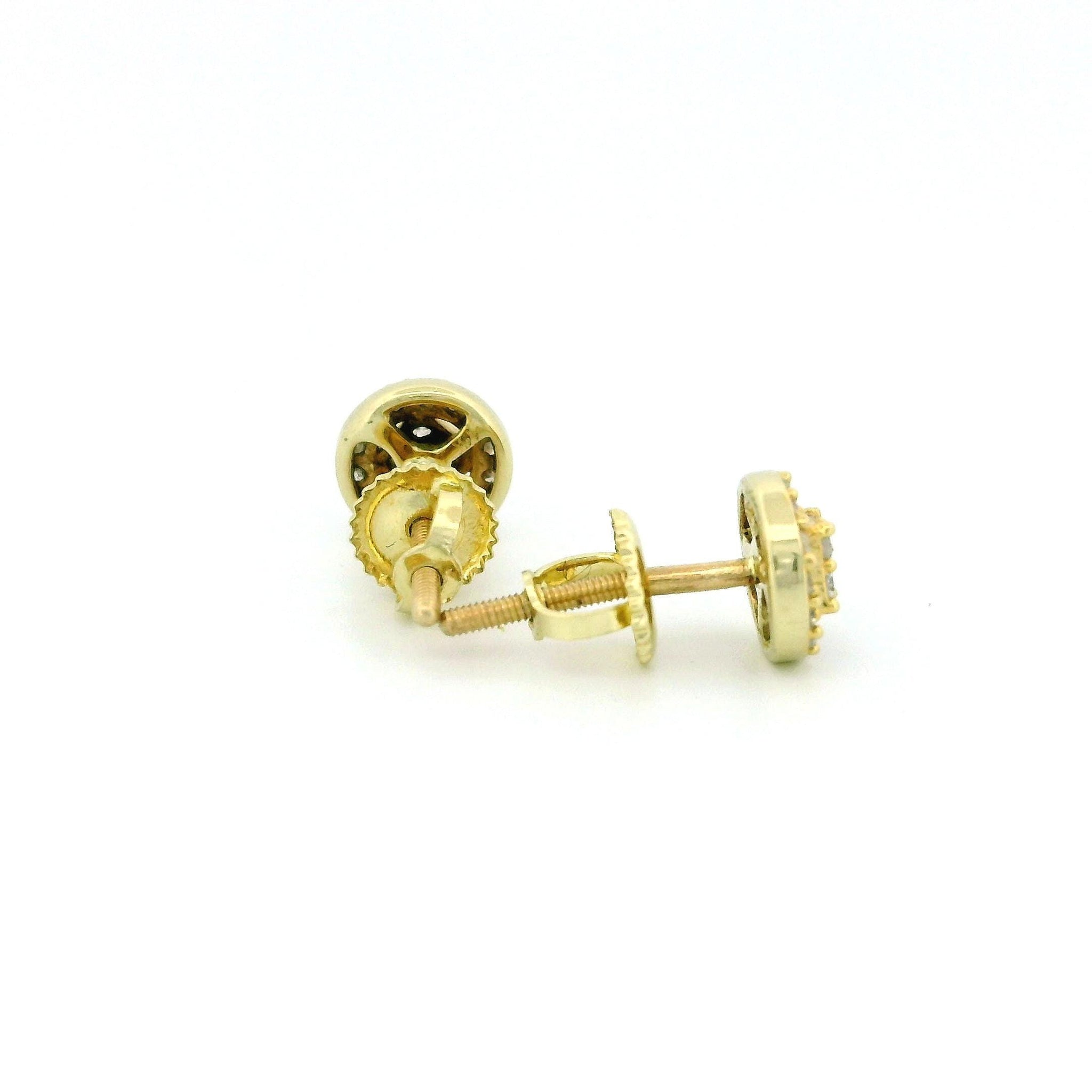 14k Yellow Gold Round Diamond Stud Earrings, Raised Square Center with 4 Diamonds, Tiny Natural Diamonds, Real Gold Fine Jewelry Gift