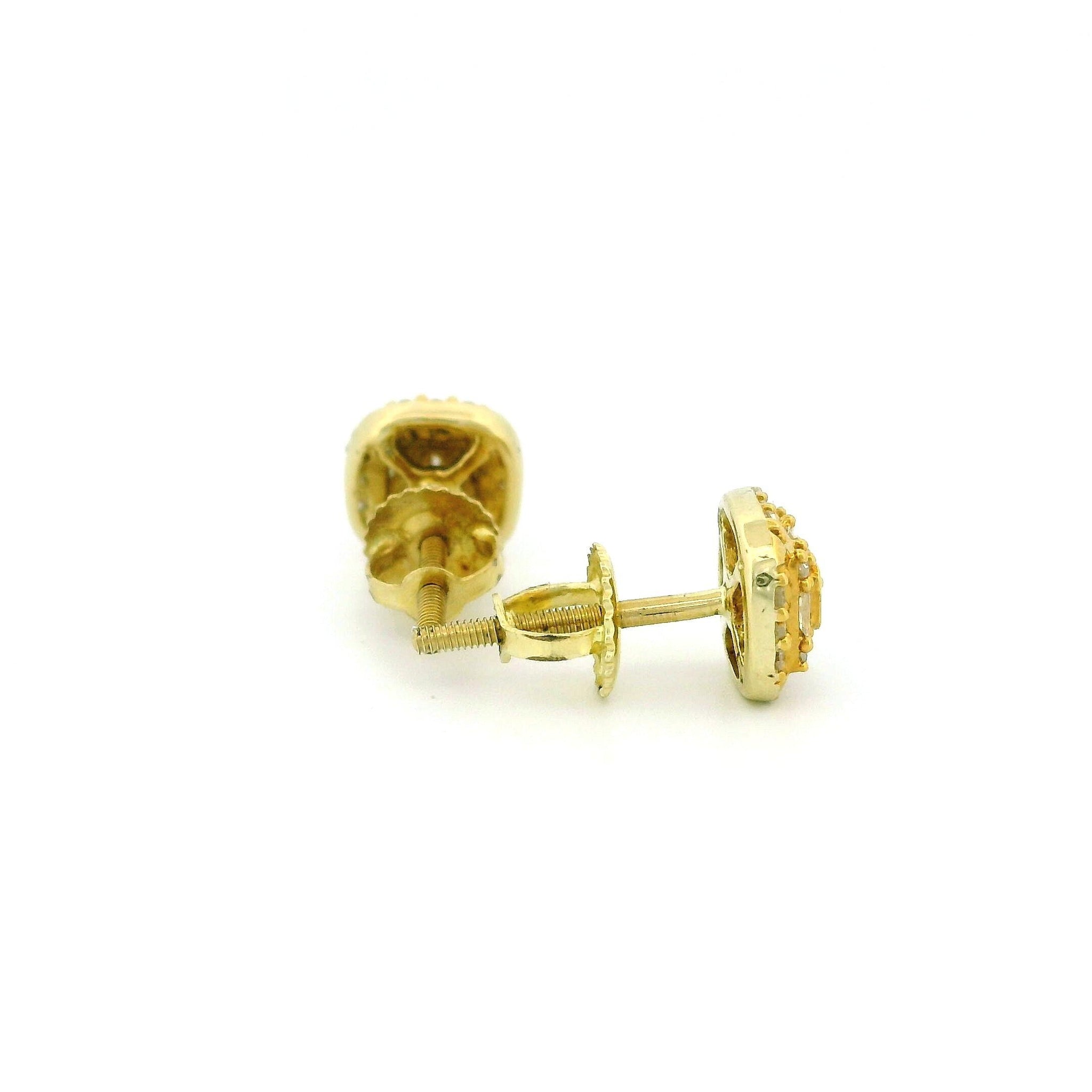 14k Yellow Gold Cushion Diamond Stud Earrings, Two-Layer Raised Cluster,Round & Tapered Natural Diamonds, Fine Gold Jewelry Gift