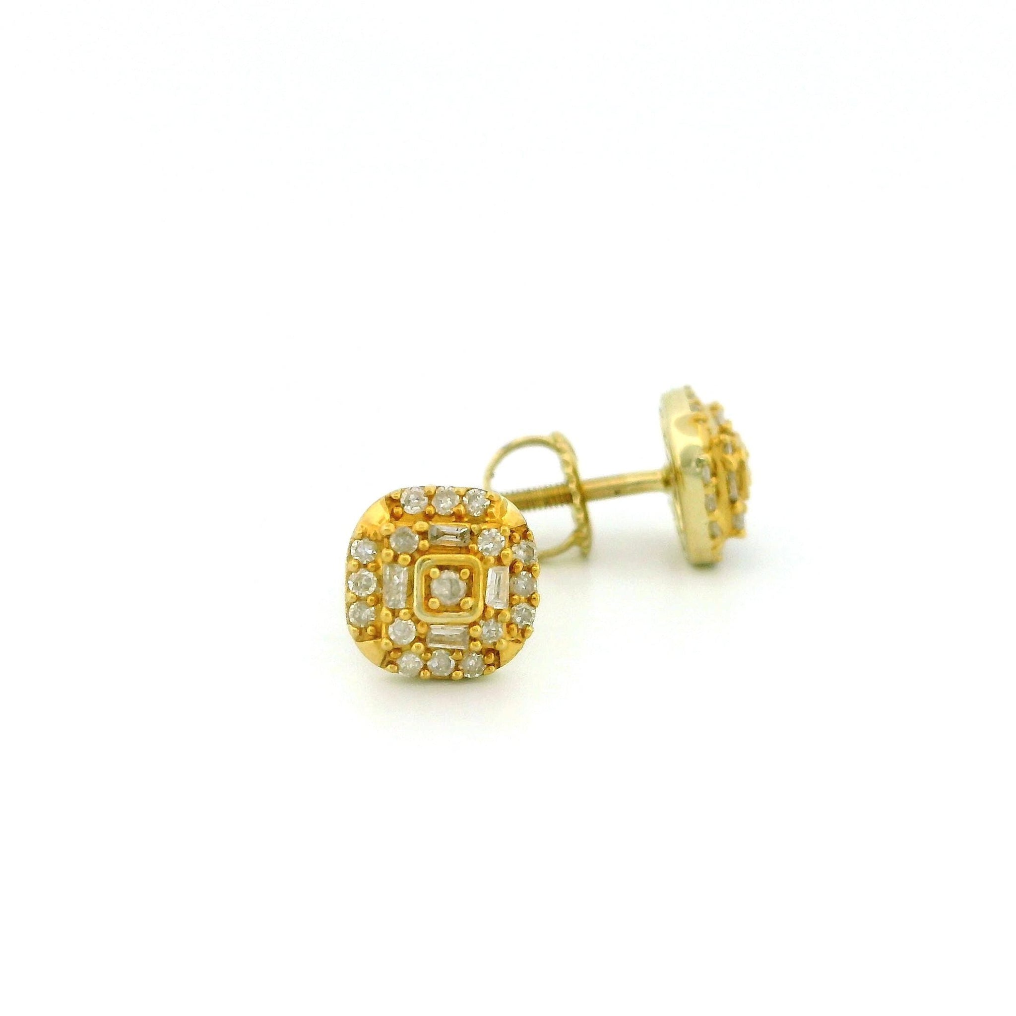 14k Yellow Gold Cushion Diamond Stud Earrings, Two-Layer Raised Cluster,Round & Tapered Natural Diamonds, Fine Gold Jewelry Gift