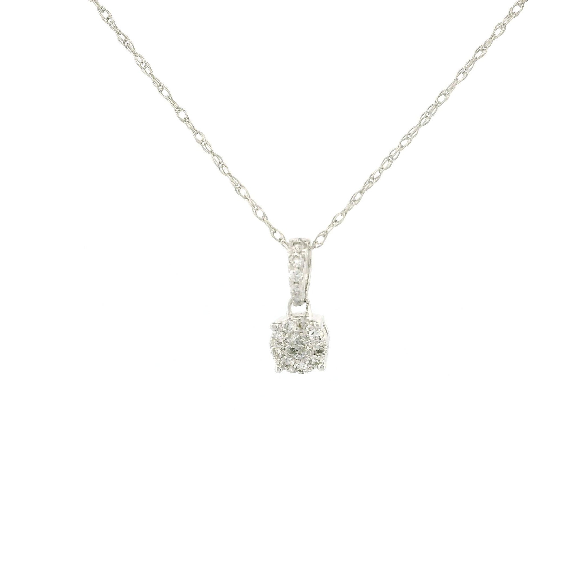 14k Gold Charm Necklace, White Gold Round Cluster Diamond Pendant, 0.10ct Natural Diamond, Dainty Rope Chain, Minimalist Necklace