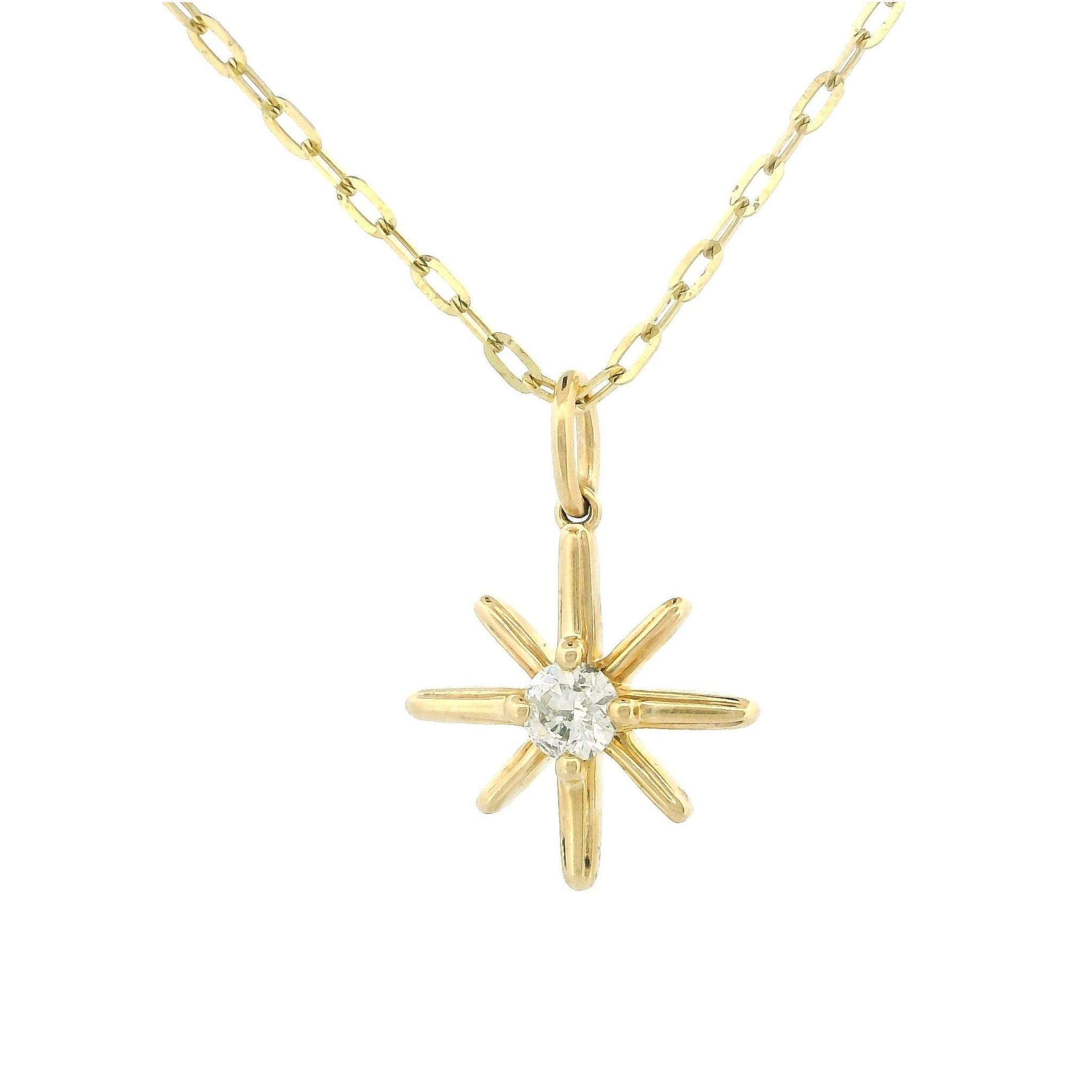 10k Gold North Star Charm Necklace, Diamond Star Pendant 0.25ct, Yellow Gold Dainty Necklace, Tiny Round Link Chain