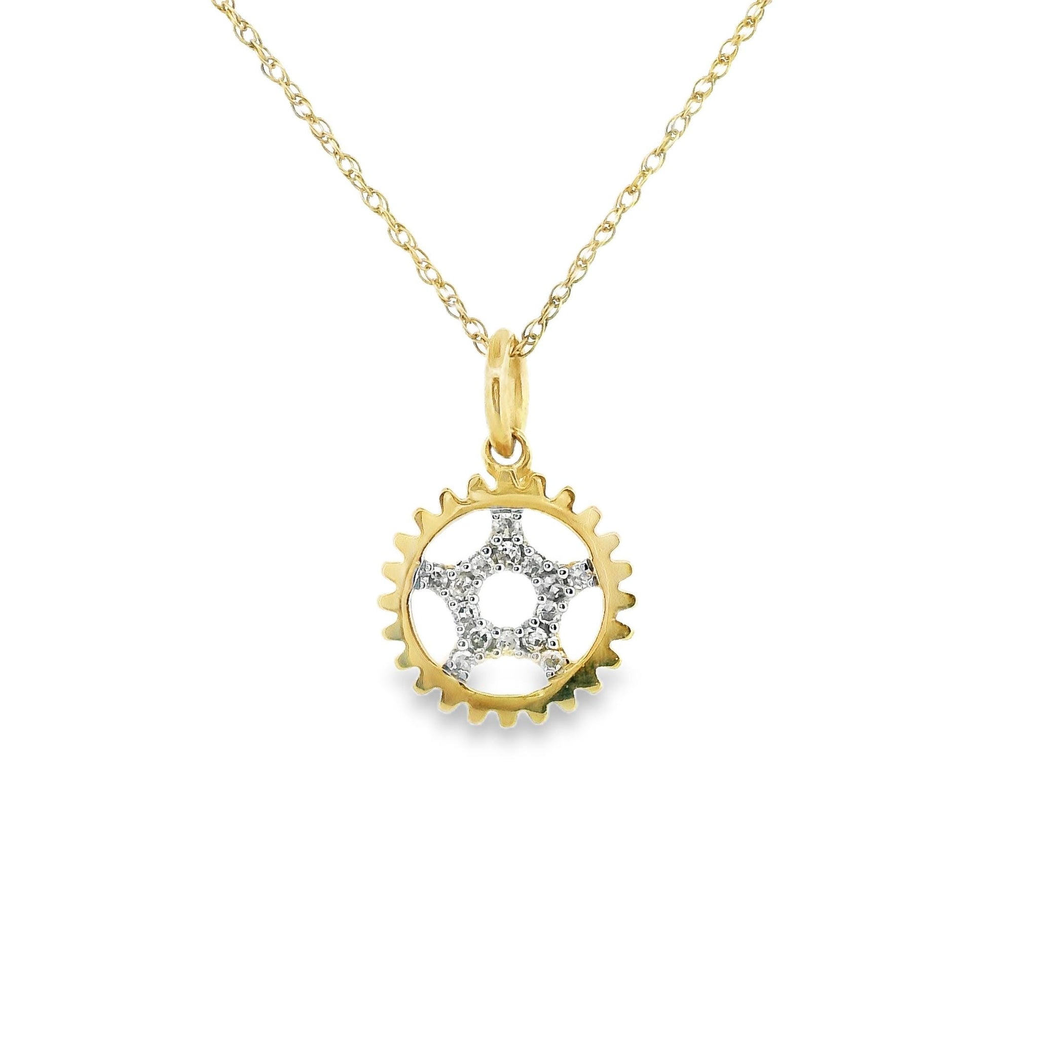 10kt Gold Star Halo Charm Necklace, Natural Diamond Pendant 0.06ct, Yellow Gold and White Gold, Tiny Round Rope Chain