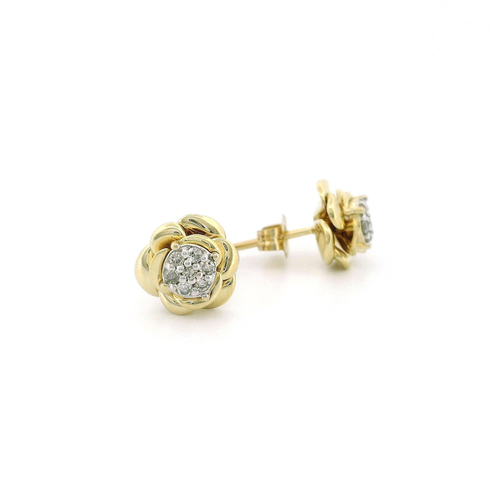 10k White & Yellow Gold Rose Cluster Diamond Stud Earrings, 0.12ct Natural Diamond, Tiny Round Diamond Flower Design