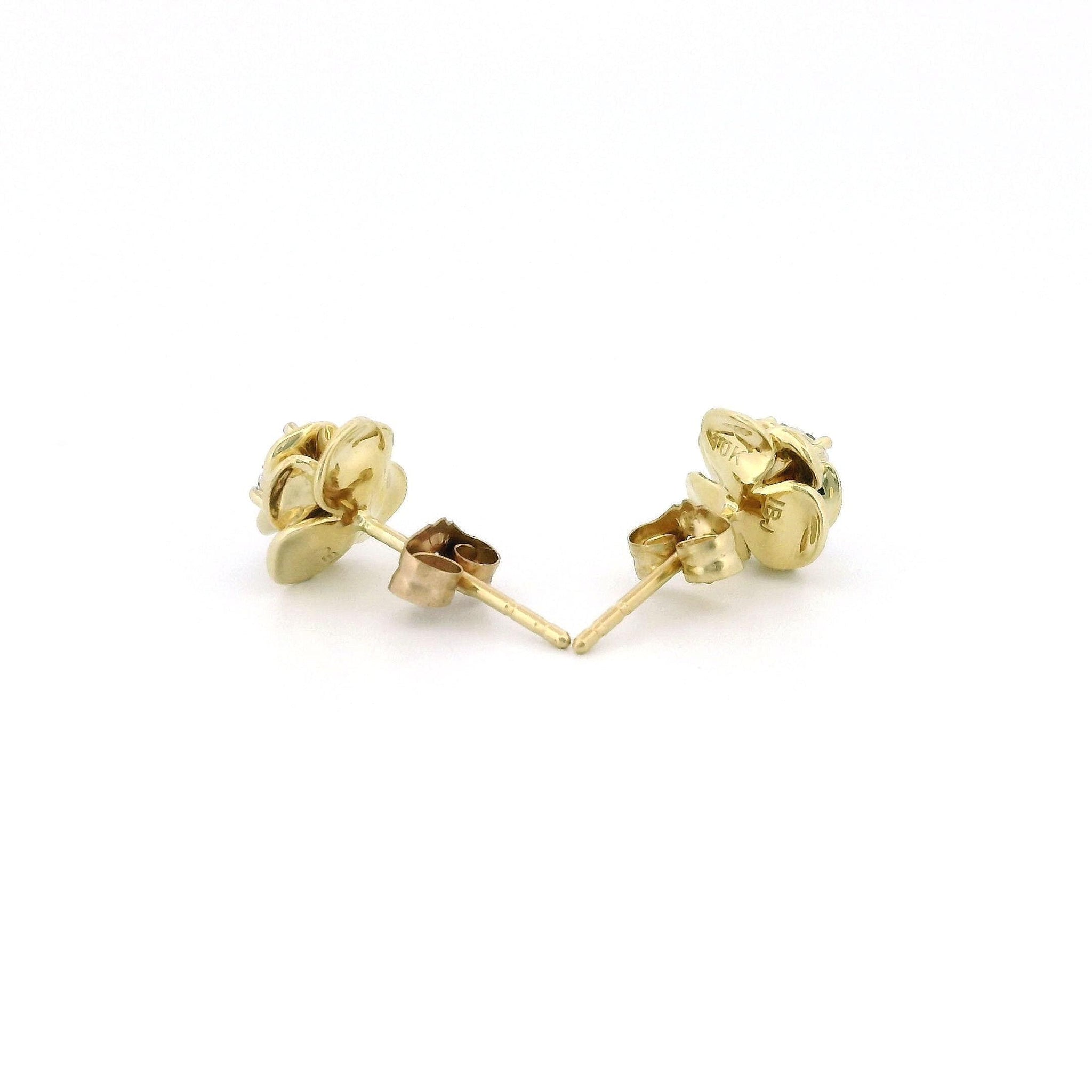 10k White & Yellow Gold Rose Cluster Diamond Stud Earrings, 0.12ct Natural Diamond, Tiny Round Diamond Flower Design