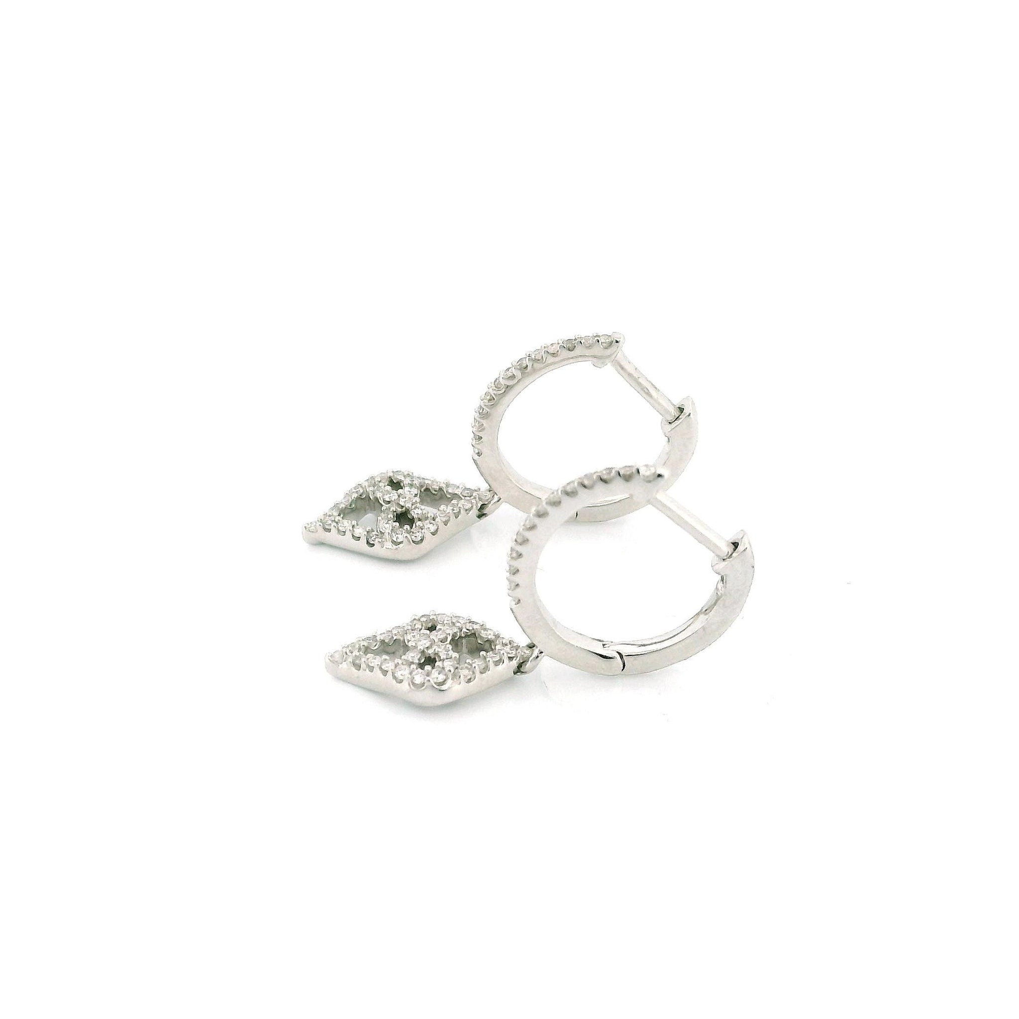 10k White Gold Diamond Hoop Earrings with Dangling Charm, 0.20ct Natural Round Diamonds, Dainty Gold Hoops