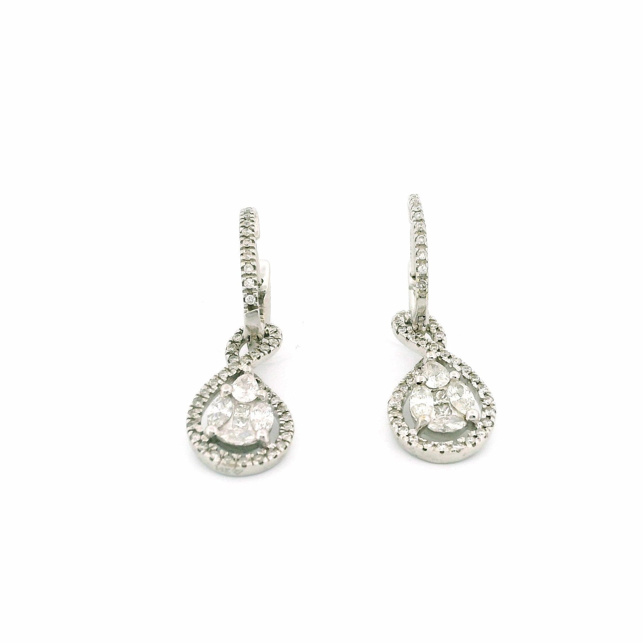 14k White Gold Diamond Hoop Earrings with Oval Swirl Dangle, 0.75ct Natural Round Diamonds, Clip Lock Hoops