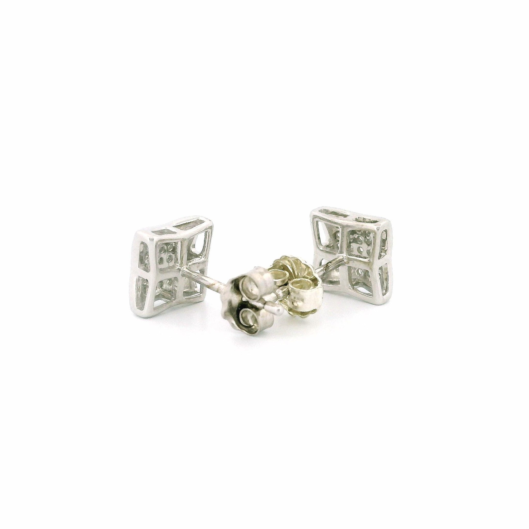 14k White Gold Diamond Stud Earrings, Unique Curved Square Design, 0.15ct Natural Round Diamonds, Push Back