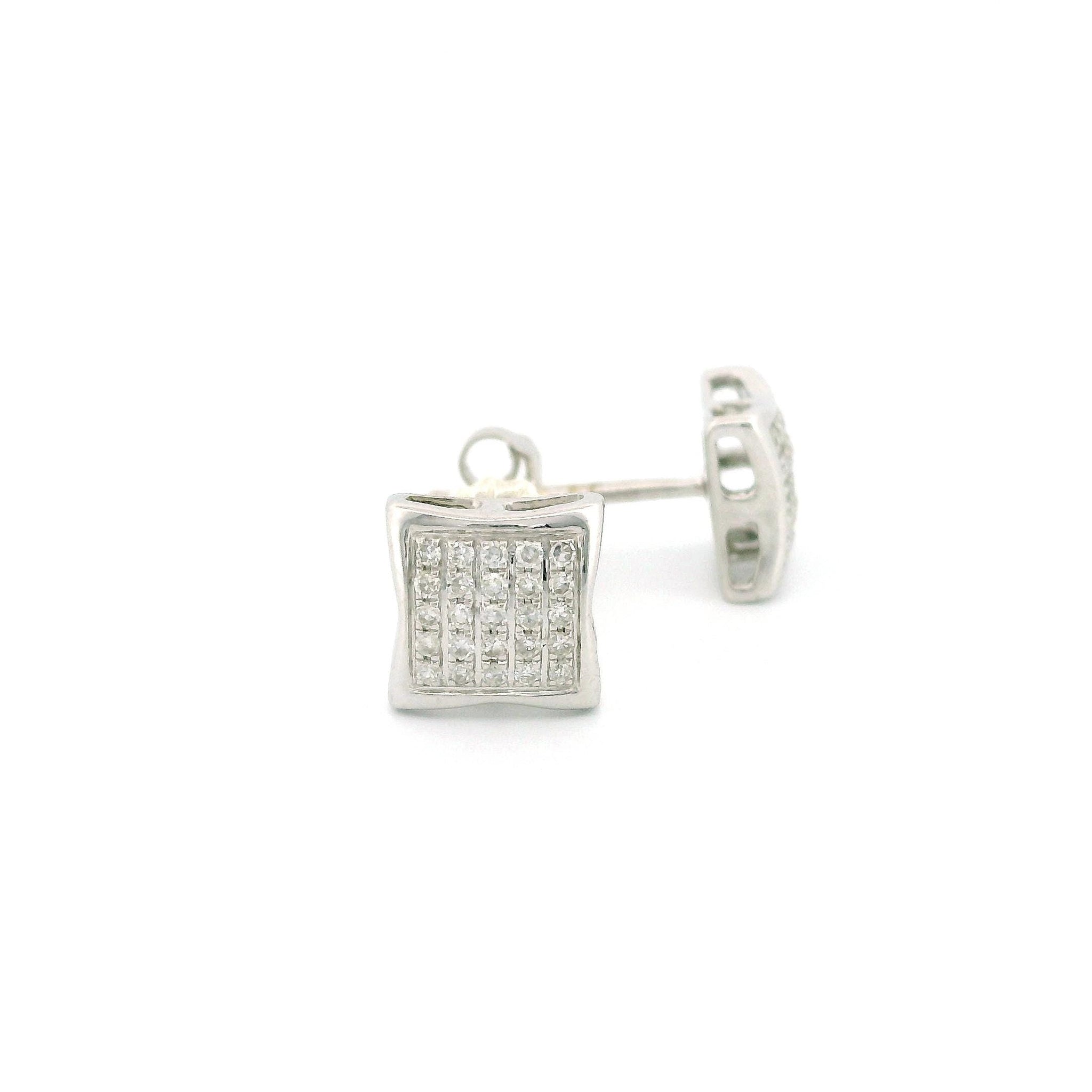14k White Gold Diamond Stud Earrings, Unique Curved Square Design, 0.15ct Natural Round Diamonds, Push Back